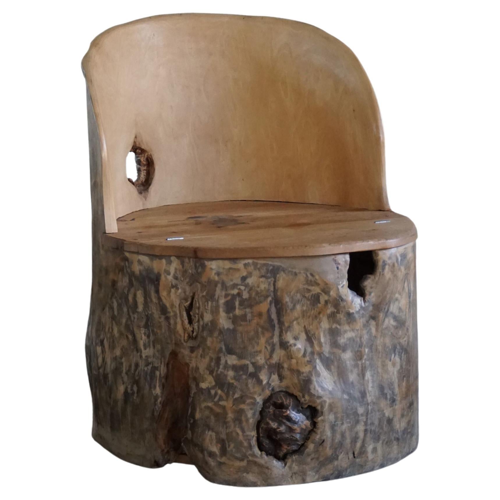 Mid-Century Sculptural Brutalist Norwegian Stump Chair in Solid Wood For Sale