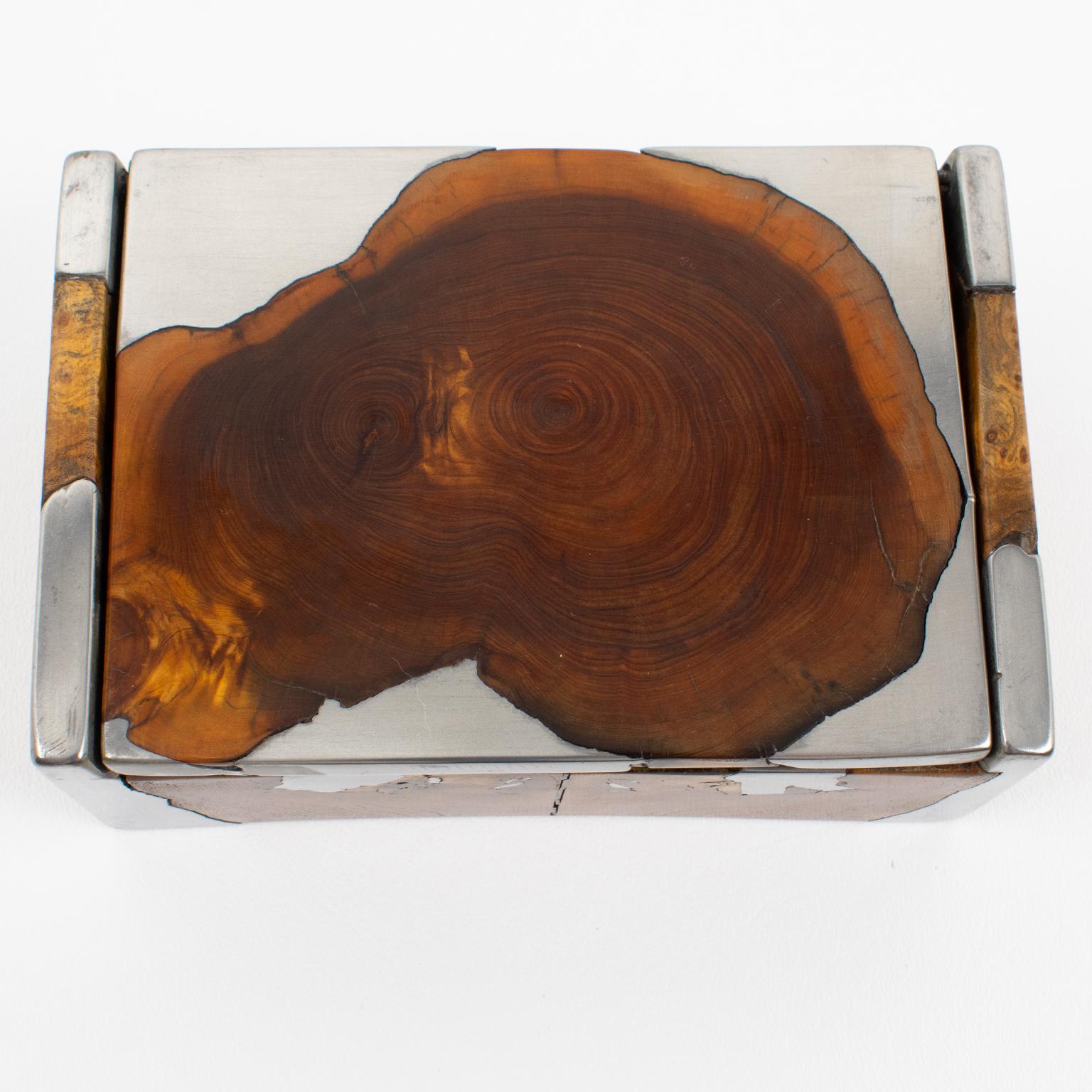 Mid-Century Sculptural Brutalist Pewter and Burl Wood Decorative Box, 1960s In Good Condition For Sale In Atlanta, GA