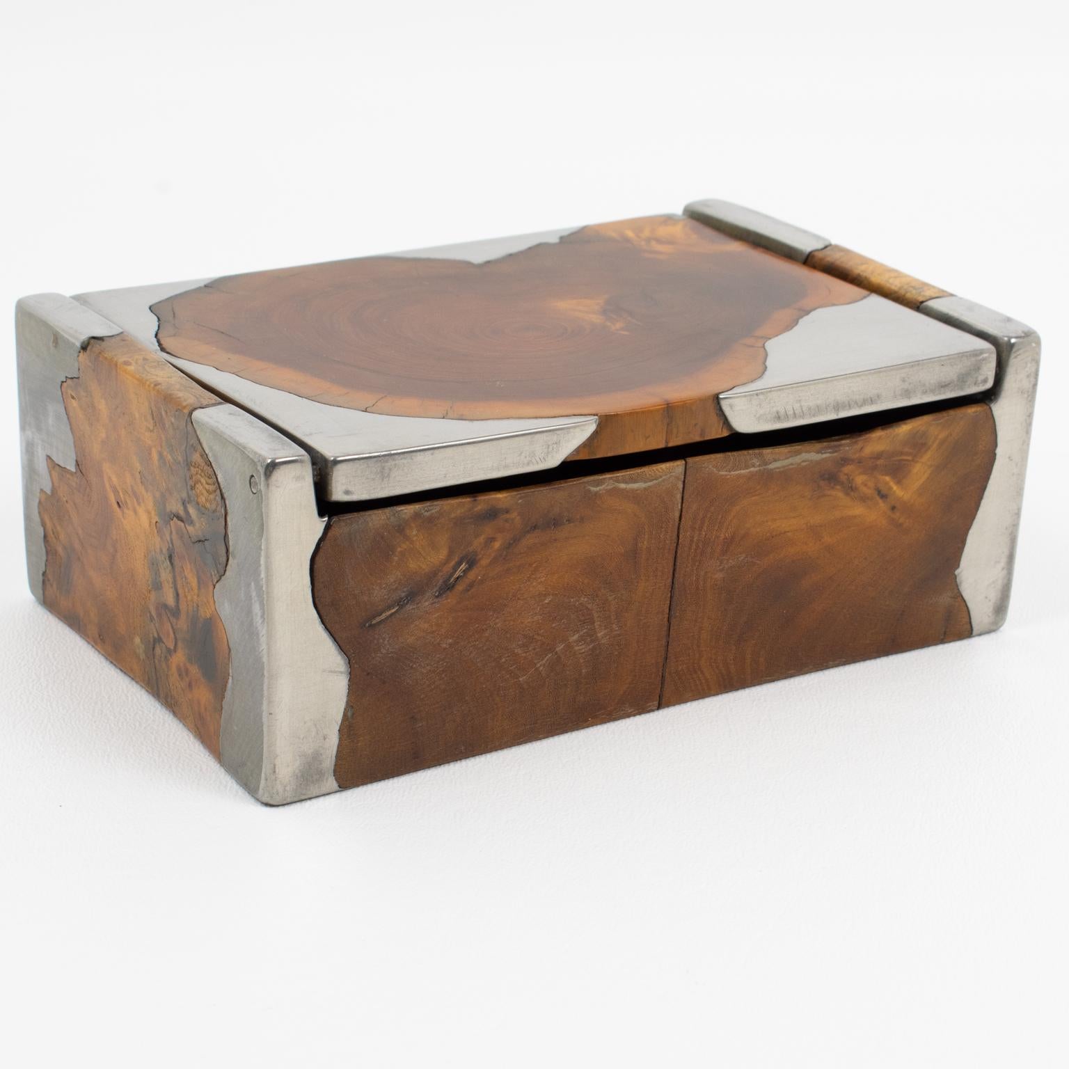 Mid-20th Century Mid-Century Sculptural Brutalist Pewter and Burl Wood Decorative Box, 1960s For Sale
