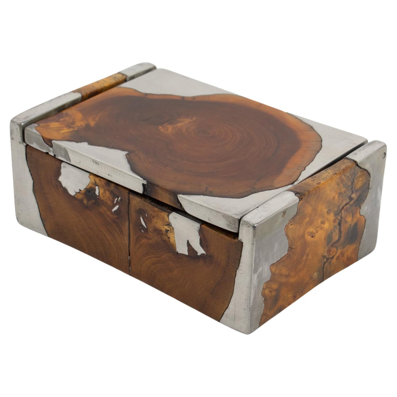 Mid-Century Sculptural Brutalist Pewter and Burl Wood Decorative Box, 1960s For Sale