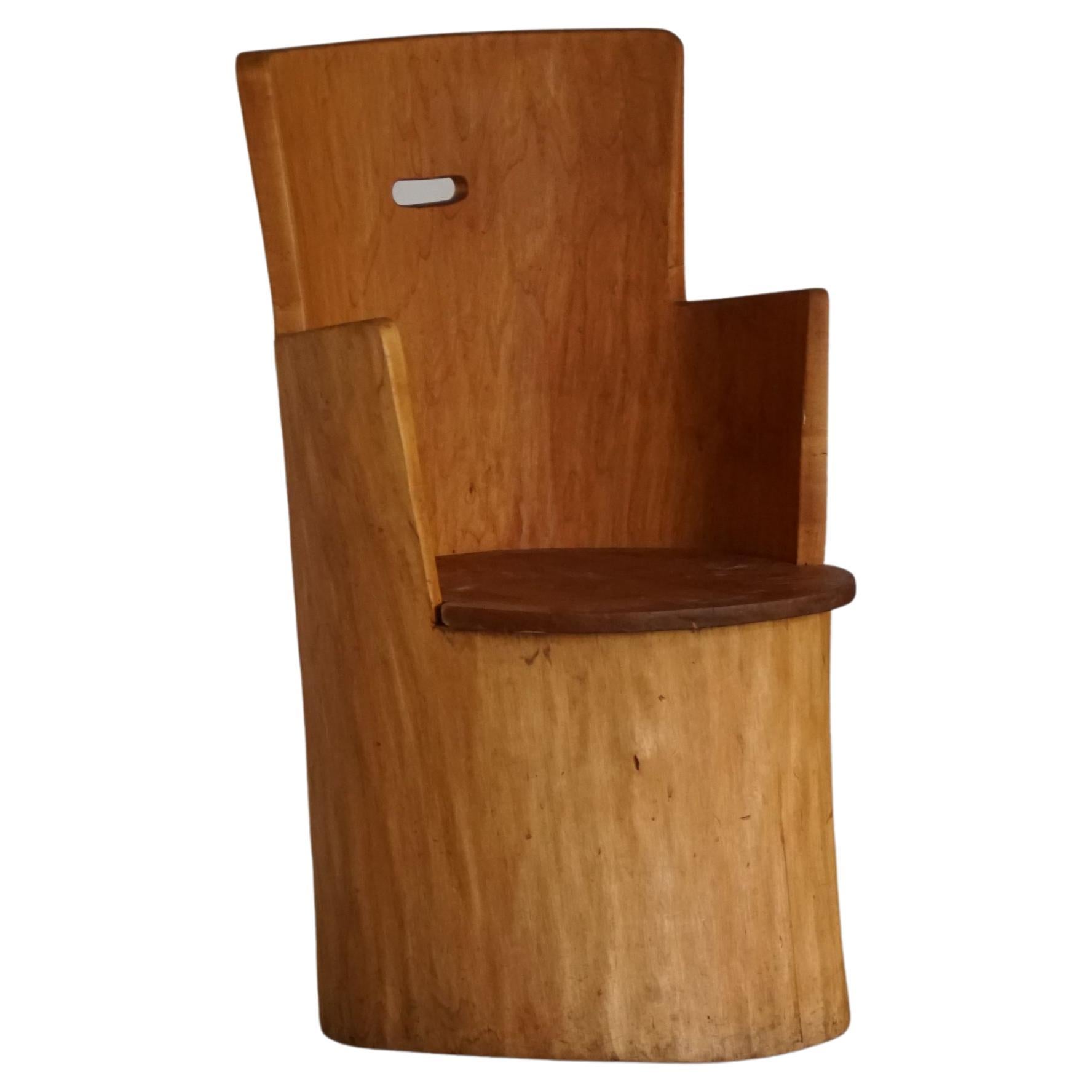 Mid Century Sculptural Carved Brutalist Stump Chair in Solid Pine, Swedish, 1960