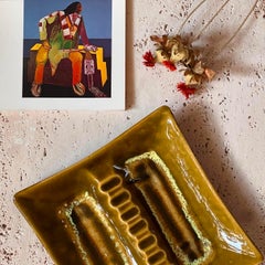 Mid century Sculptural Ceramic ashtray in mustard and chartreuse, circa 1960