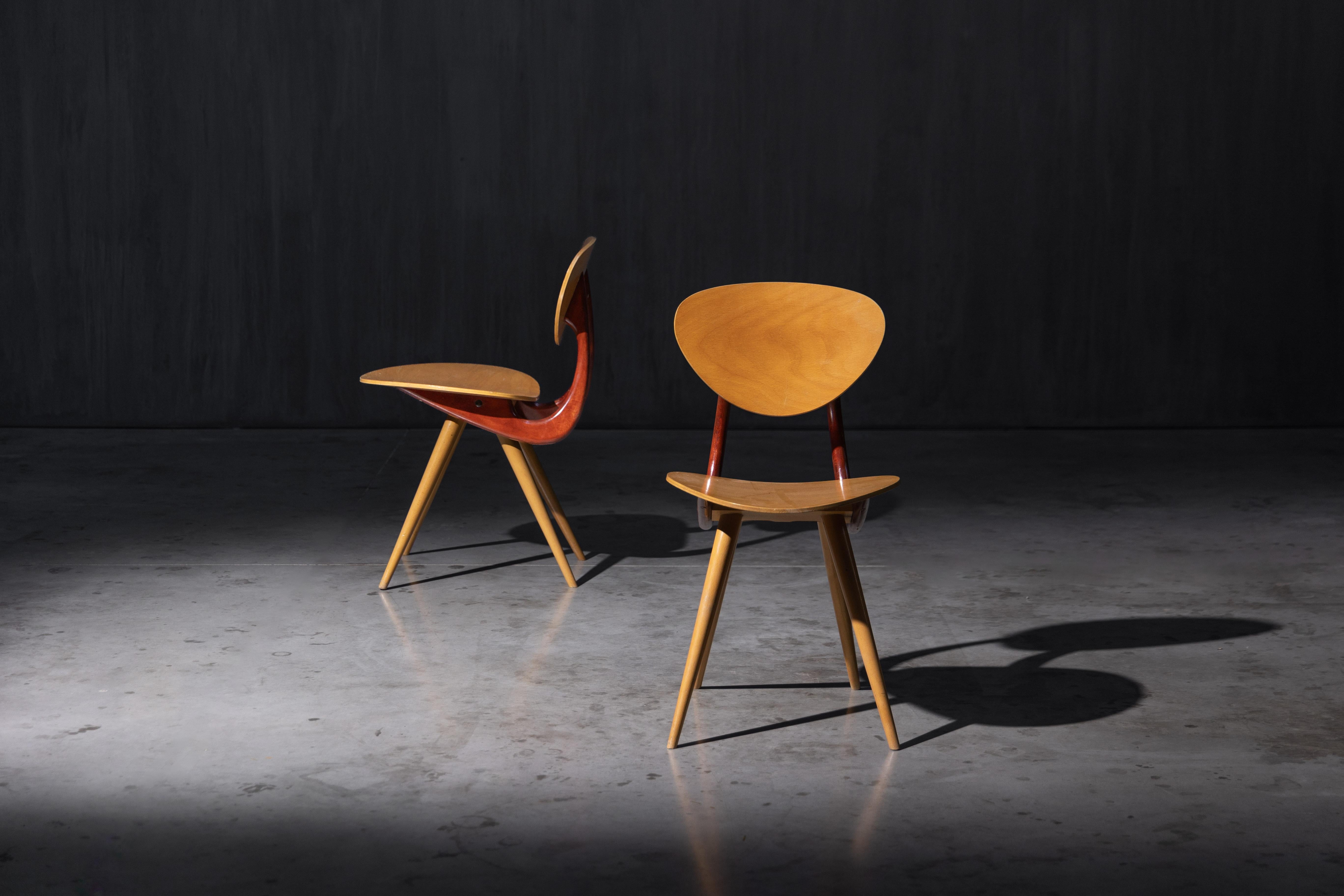 Sculptural chairs by French manufacturer Stella, crafted in the 1950s. Known for their innovative use of hidden bolts, Stella’s designs offered both strength and elegance - a legacy begun when the company shifted from wheelbarrows to furniture in