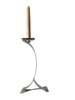 Mid-Century Sculptural Chrome Candlestick with Curved Stem and Architectural Bas