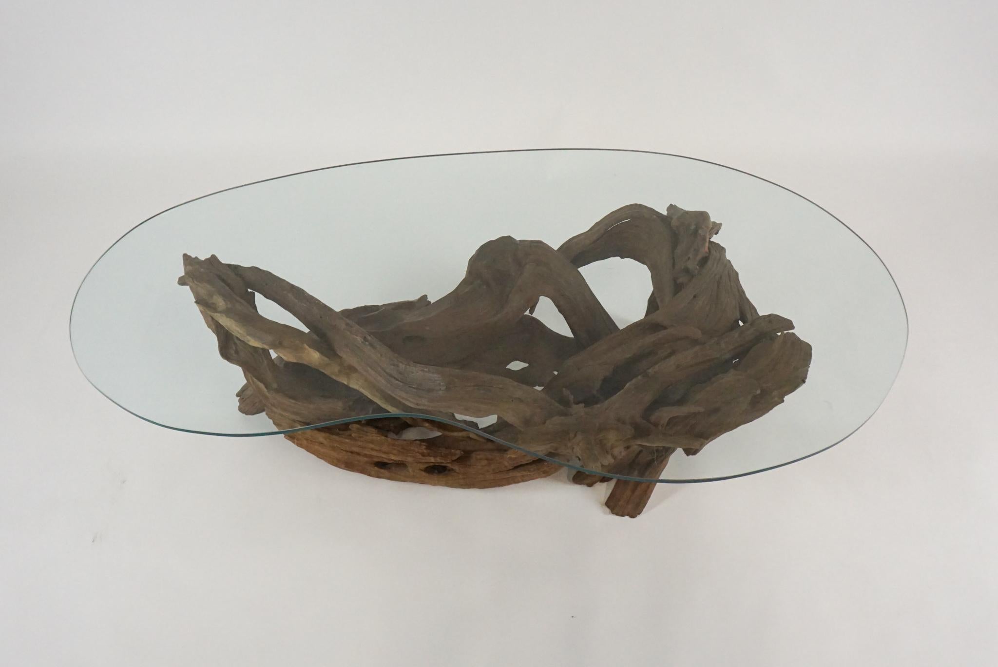 Midcentury Sculptural Driftwood Coffee Table with Biomorphic Freeform Glass Top 1