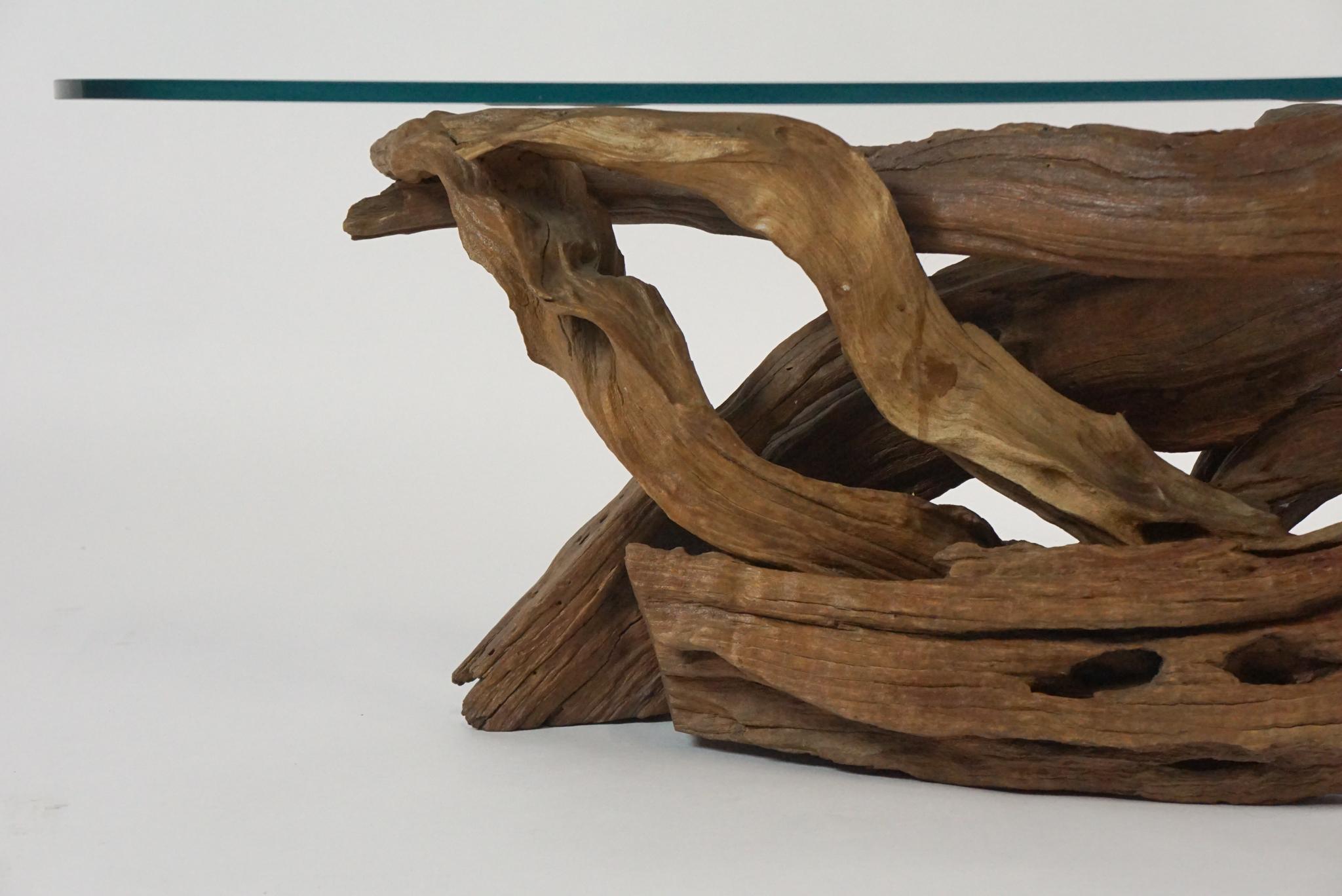 Midcentury Sculptural Driftwood Coffee Table with Biomorphic Freeform Glass Top 2