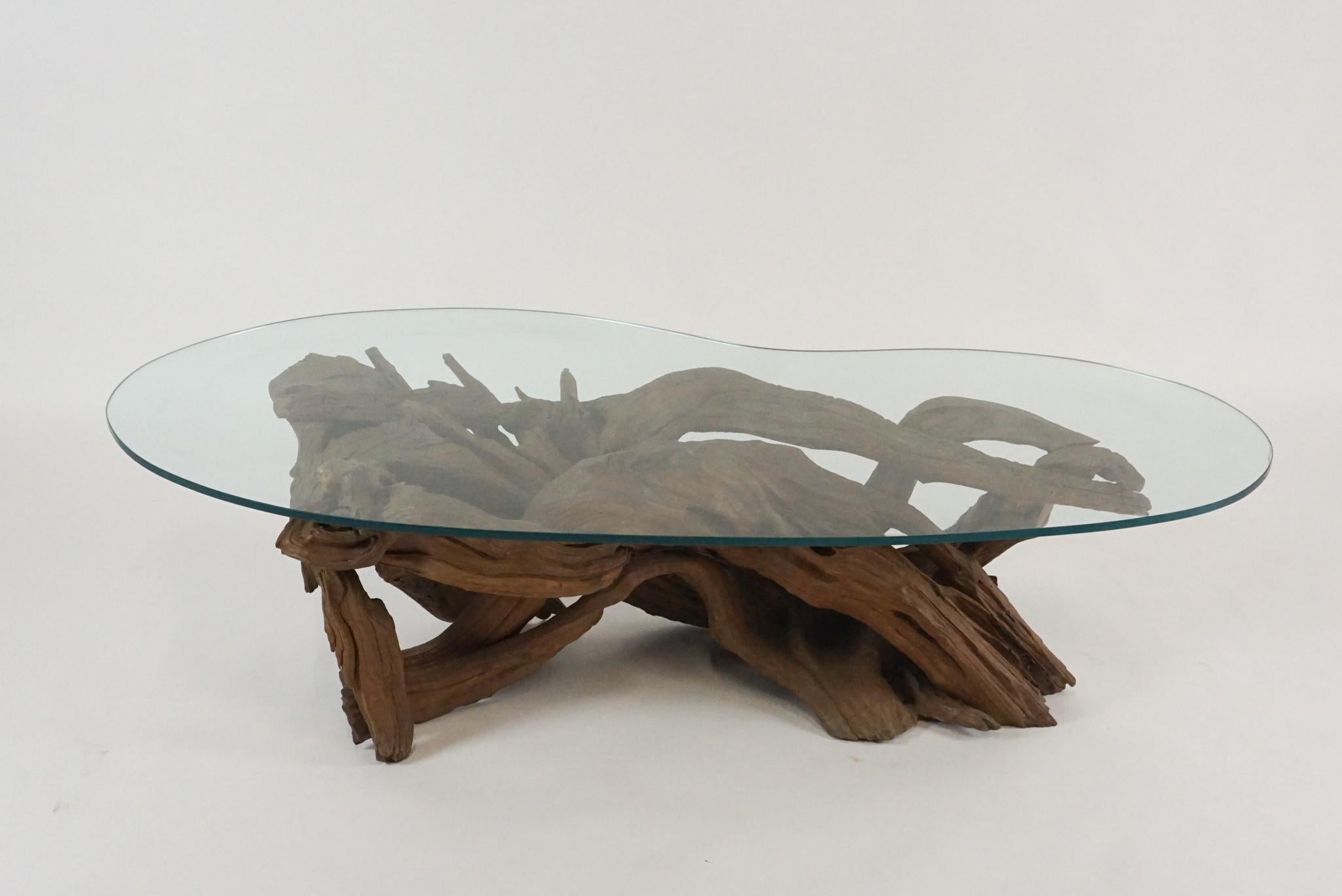 Midcentury Sculptural Driftwood Coffee Table with Biomorphic Freeform Glass Top 3