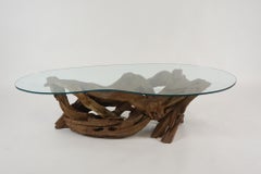 Midcentury Sculptural Driftwood Coffee Table with Biomorphic Freeform Glass Top