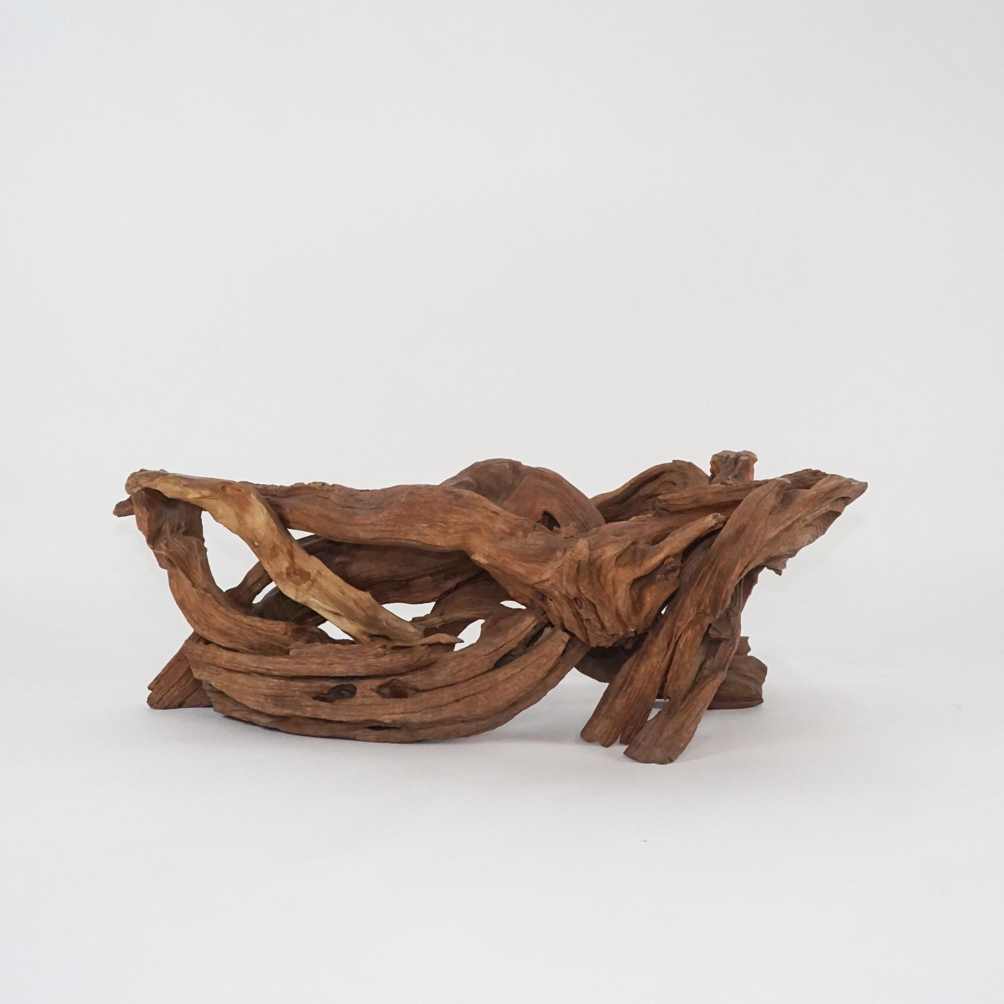 American Midcentury Sculptural Driftwood Coffee Table with Biomorphic Freeform Glass Top