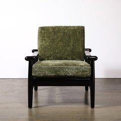 Mid-Century Sculptural Ebonized Walnut & Green Fabric Rounded Pommel Club Chair