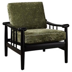 Mid-Century Sculptural Ebonized Walnut & Green Fabric Rounded Pommel Club Chair