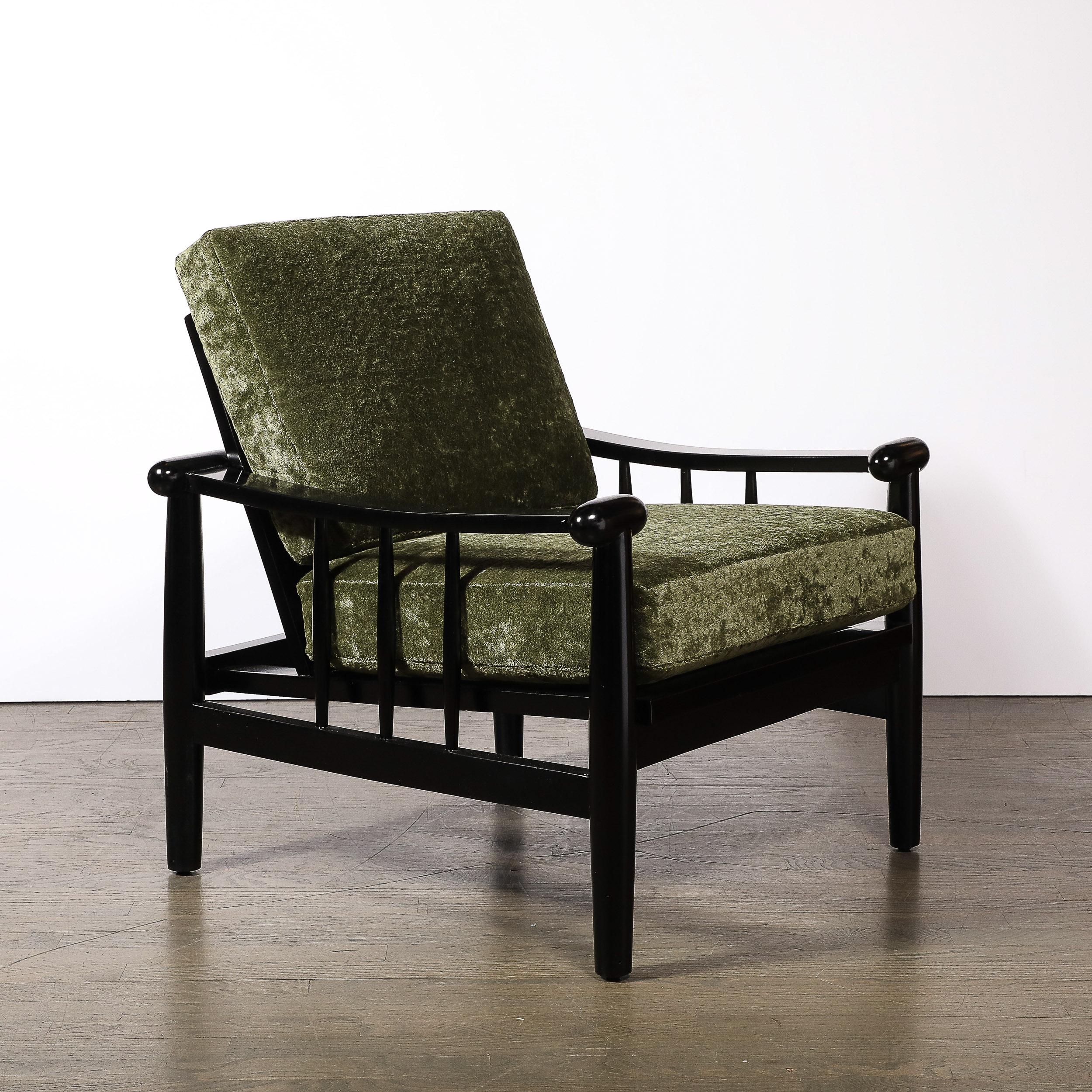 Mid-Century Sculptural Ebonized Walnut & Green Fabric Rounded Pommel Club Chairs For Sale 6