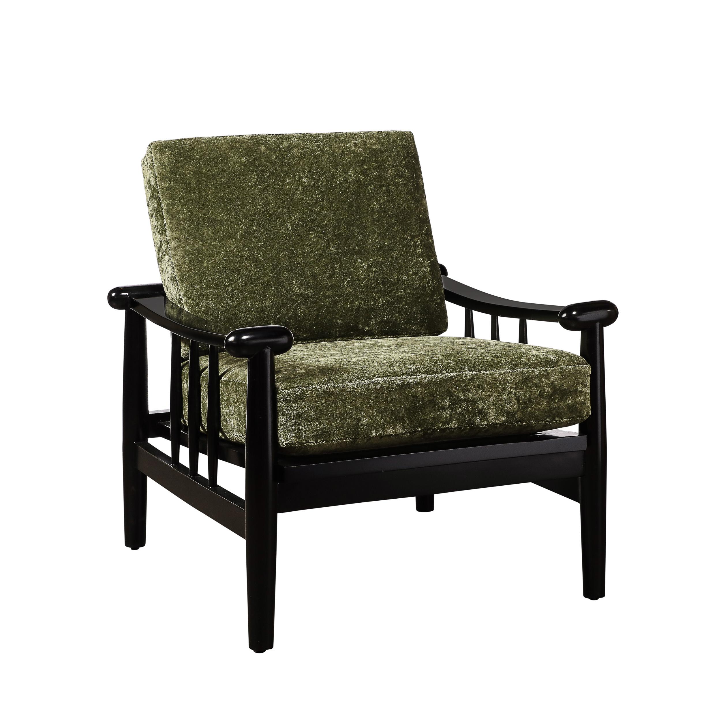 These bold and beautifully proportioned Mid-Century Modernist Sculptural Geometric Club Chairs in Ebonized Walnut with Rounded Pommels & moss Green Holly Hunt Upholstery originate from France, Circa 1950. Featuring a substantial framework in