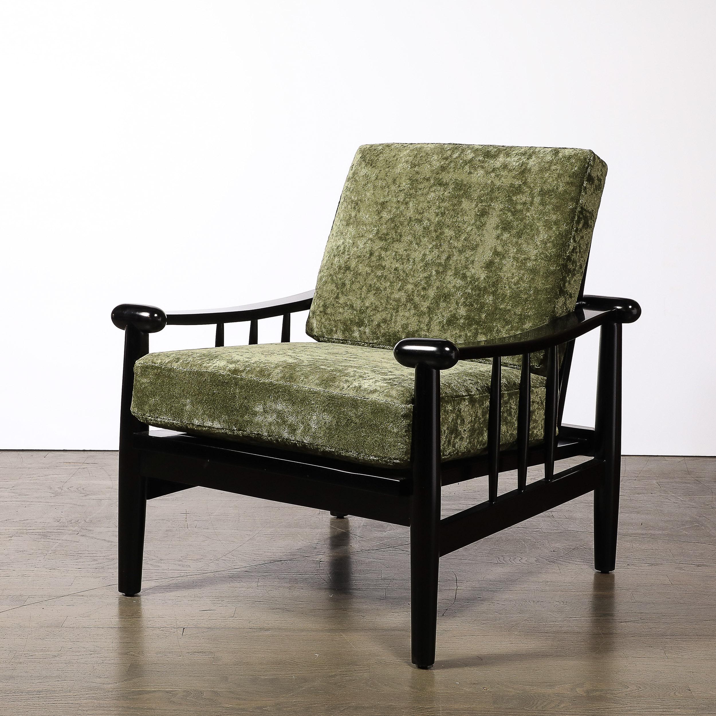 French Mid-Century Sculptural Ebonized Walnut & Green Fabric Rounded Pommel Club Chairs For Sale