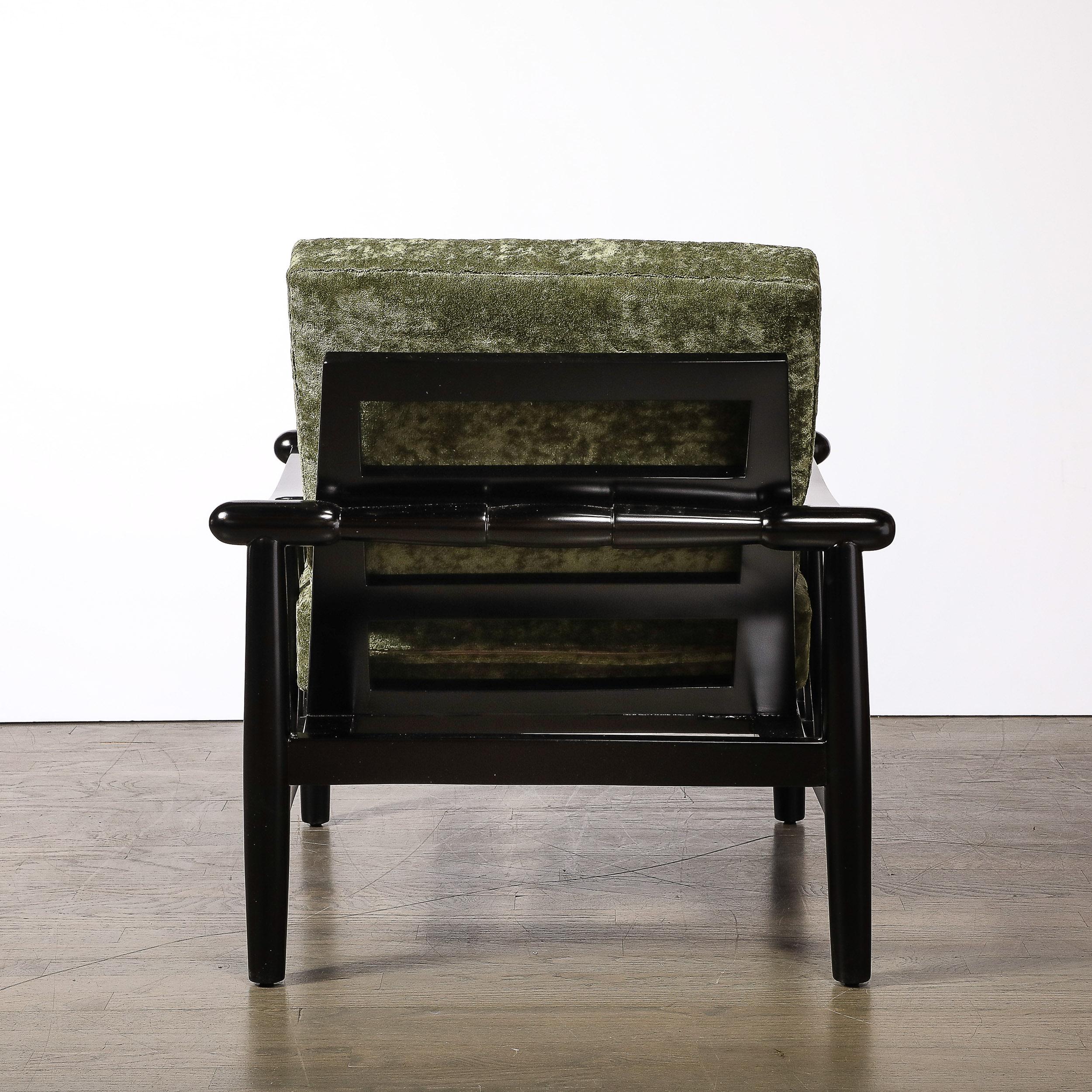 Mid-Century Sculptural Ebonized Walnut & Green Fabric Rounded Pommel Club Chairs For Sale 2