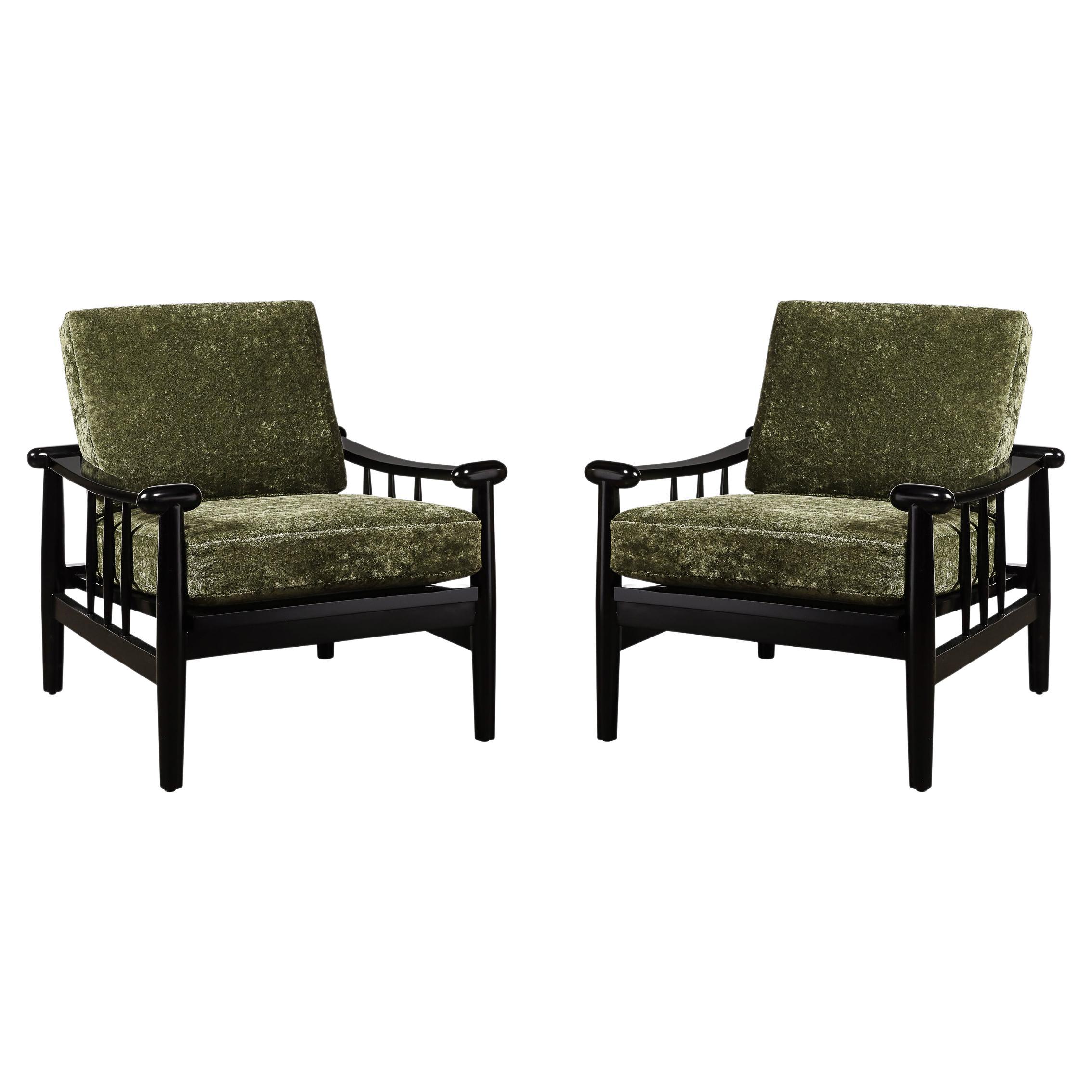 Mid-Century Sculptural Ebonized Walnut & Green Fabric Rounded Pommel Club Chairs For Sale
