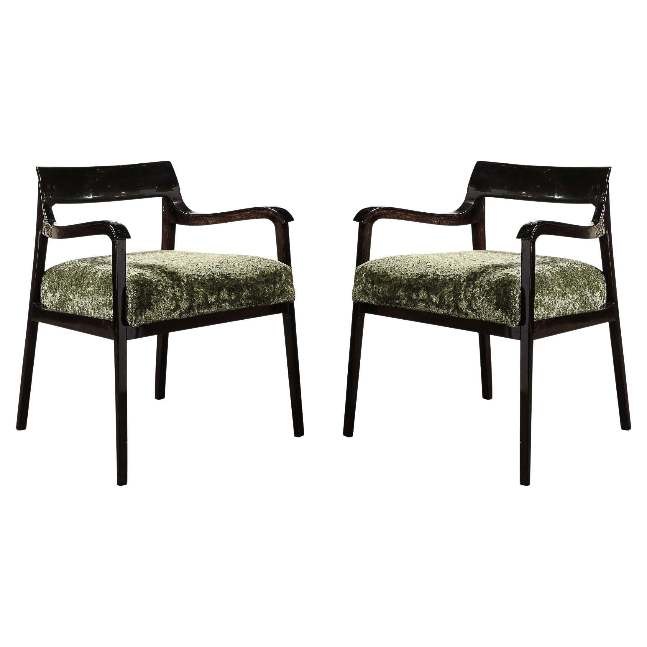 Mid-Century Sculptural Ebonized Walnut & Holly Hunt Upholstery Arm Chairs For Sale