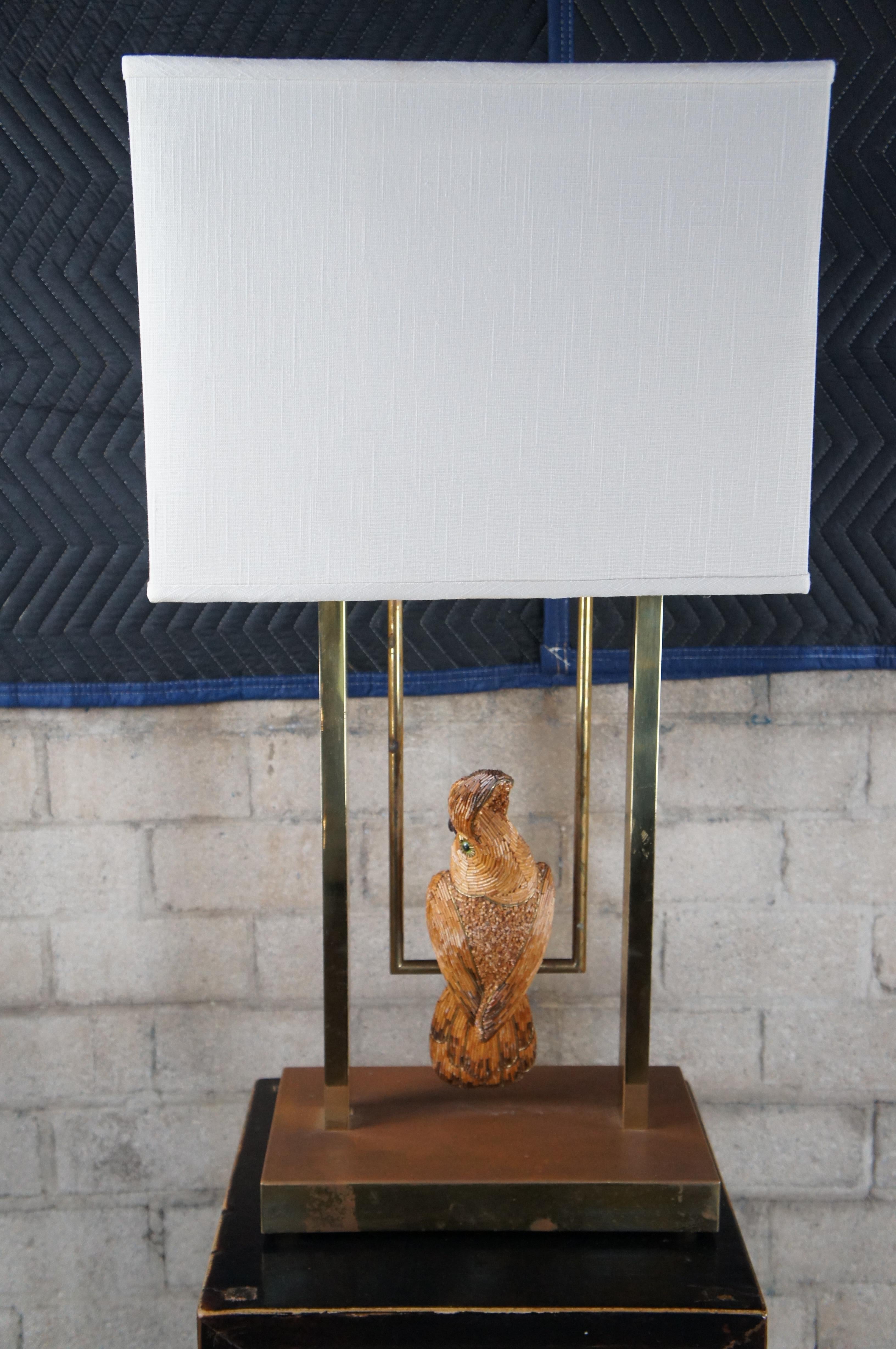 Metal Mid Century Sculptural French Cockatoo Lamp Macaw on Swing Linen Shade MCM 34
