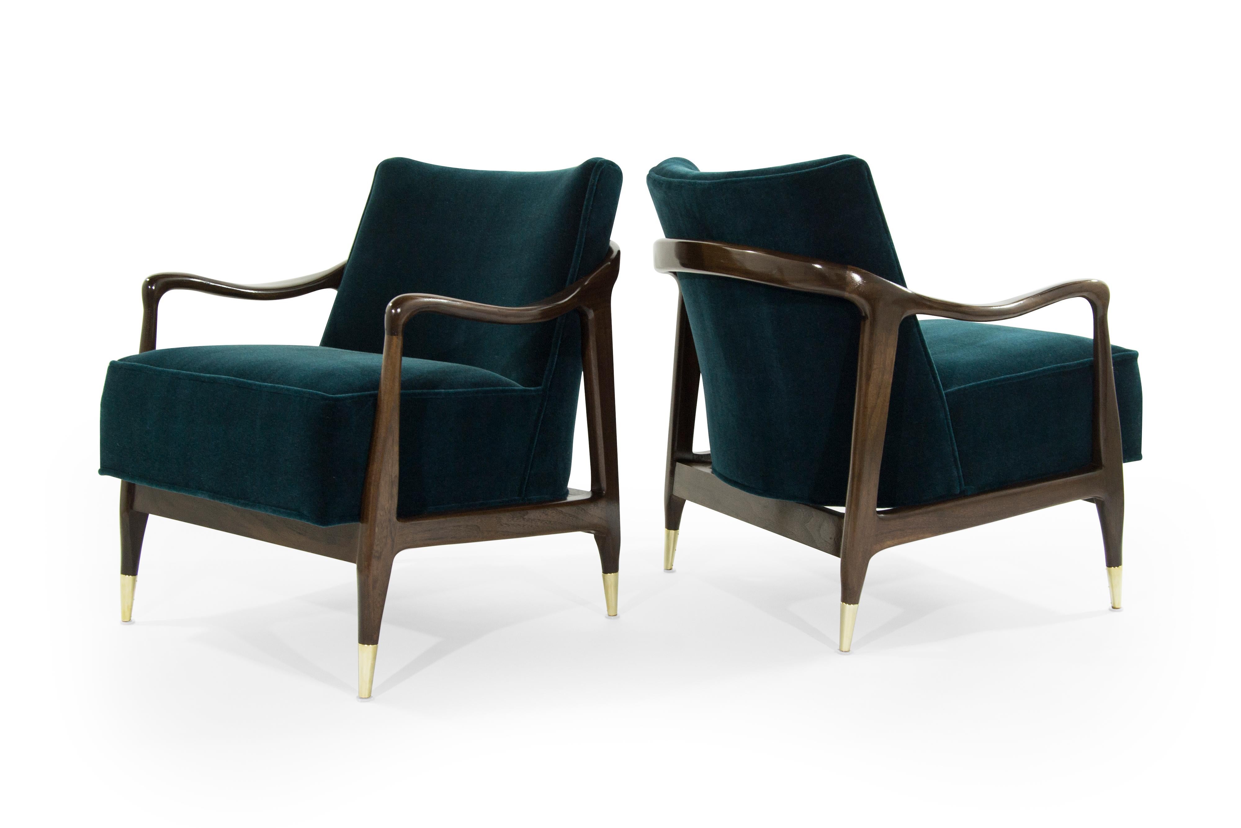 Brass Midcentury Sculptural Gio Ponti Style Walnut Lounge Chairs, 1950s