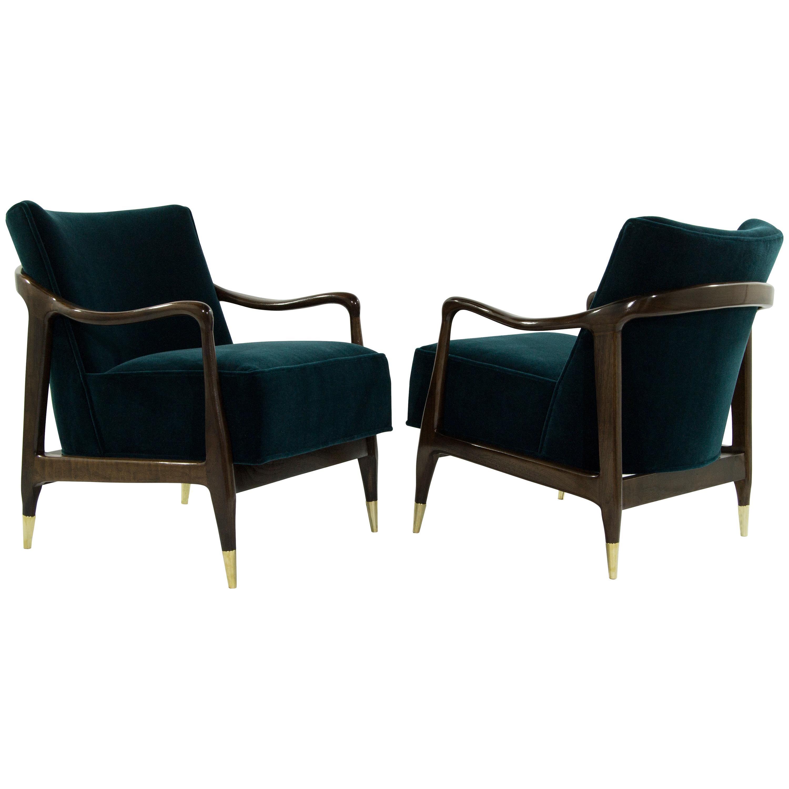 Midcentury Sculptural Gio Ponti Style Walnut Lounge Chairs, 1950s