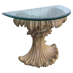 Mid-Century Sculptural Glass Top Carved Wood Console Table