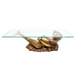 Mid-Century Sculptural Gold Nude Mermaid & Dolphin Coffee Table w/ Glass Top