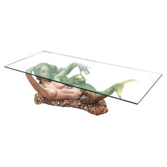 Mid-Century Sculptural Gold Nude Mermaid & Dolphin Coffee Table w/ Glass Top