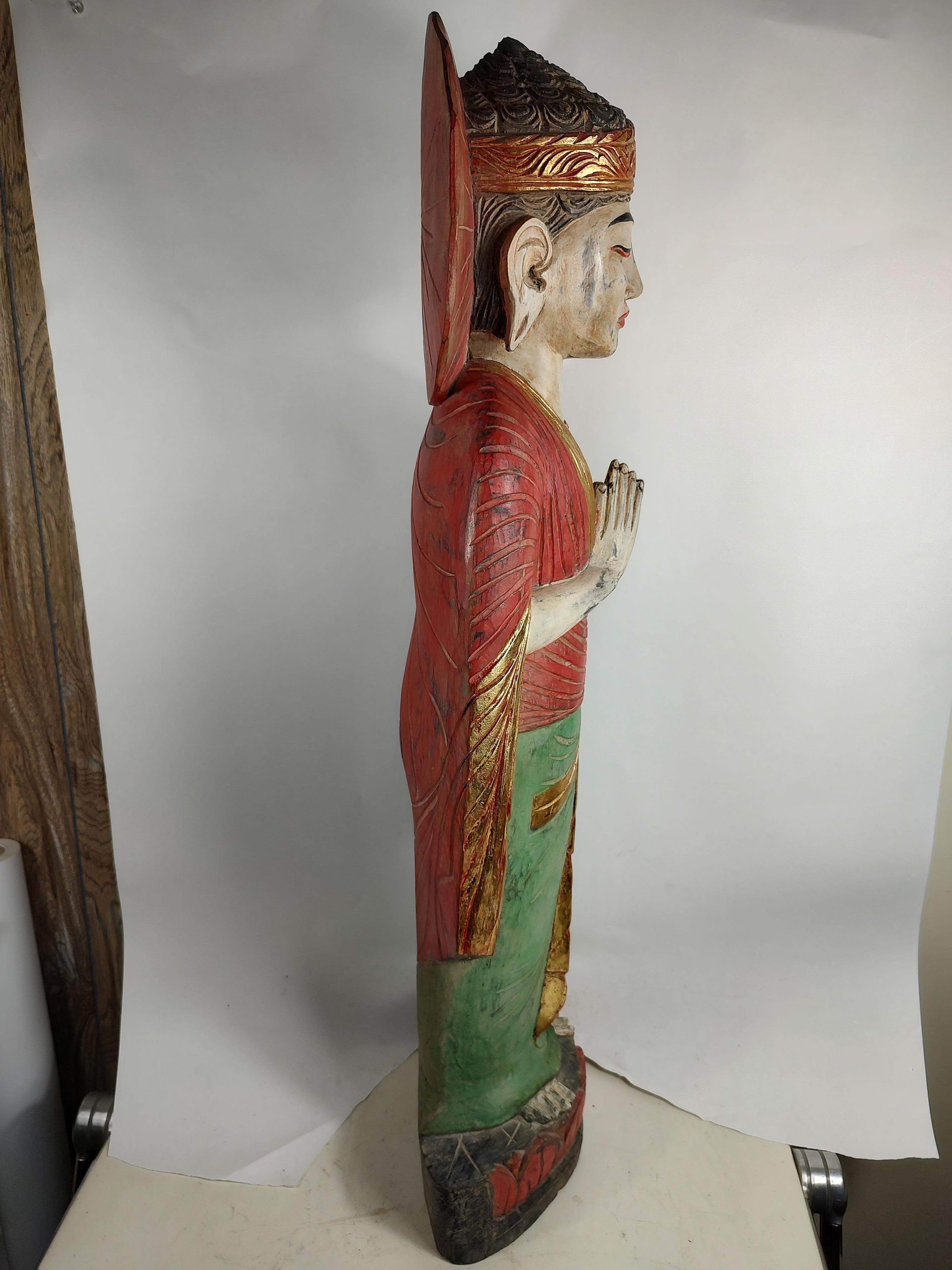 Mid Century Sculptural Hand Carved & Painted Wooden Buddha For Sale 4