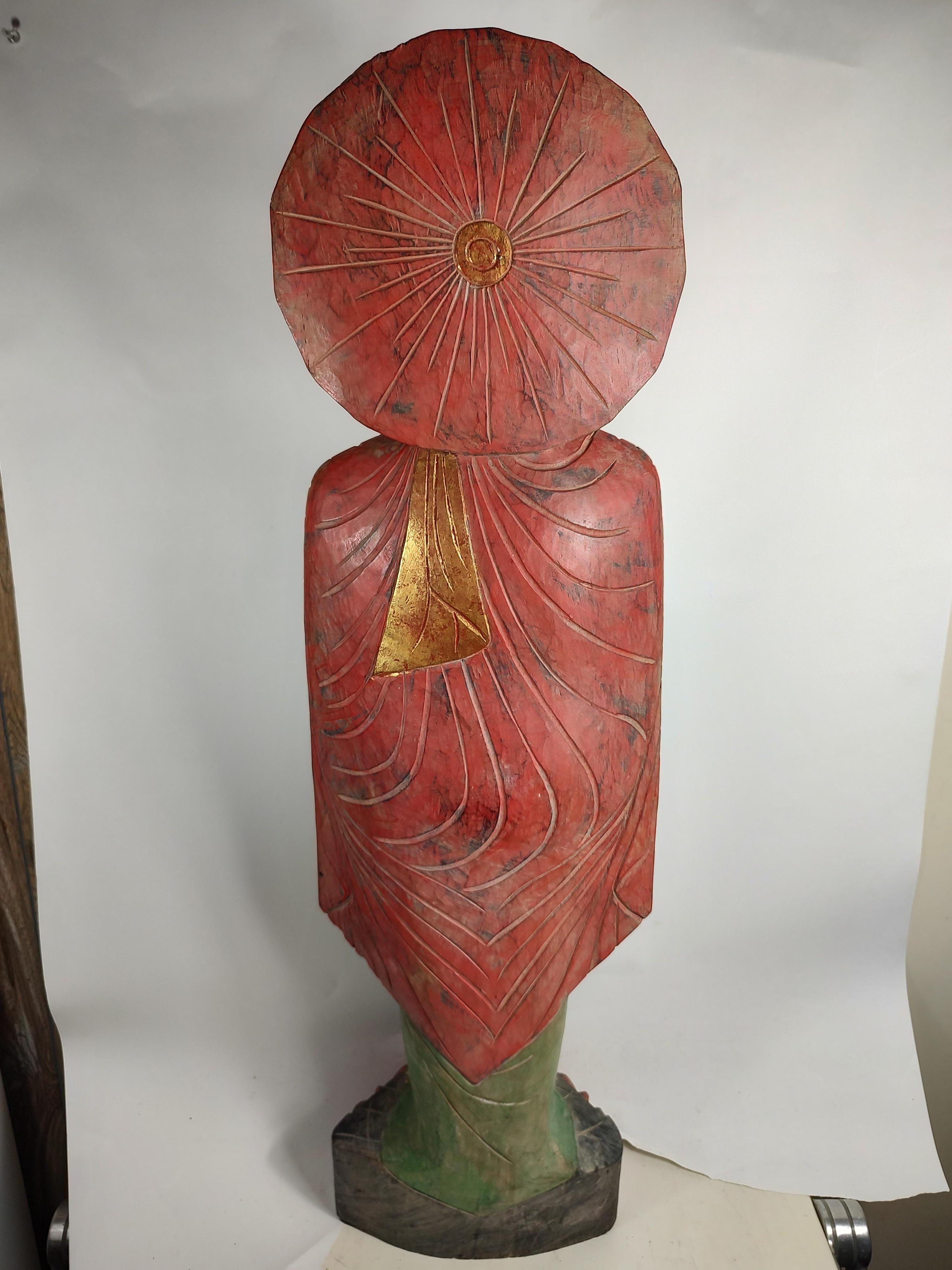 Mid Century Sculptural Hand Carved & Painted Wooden Buddha For Sale 6
