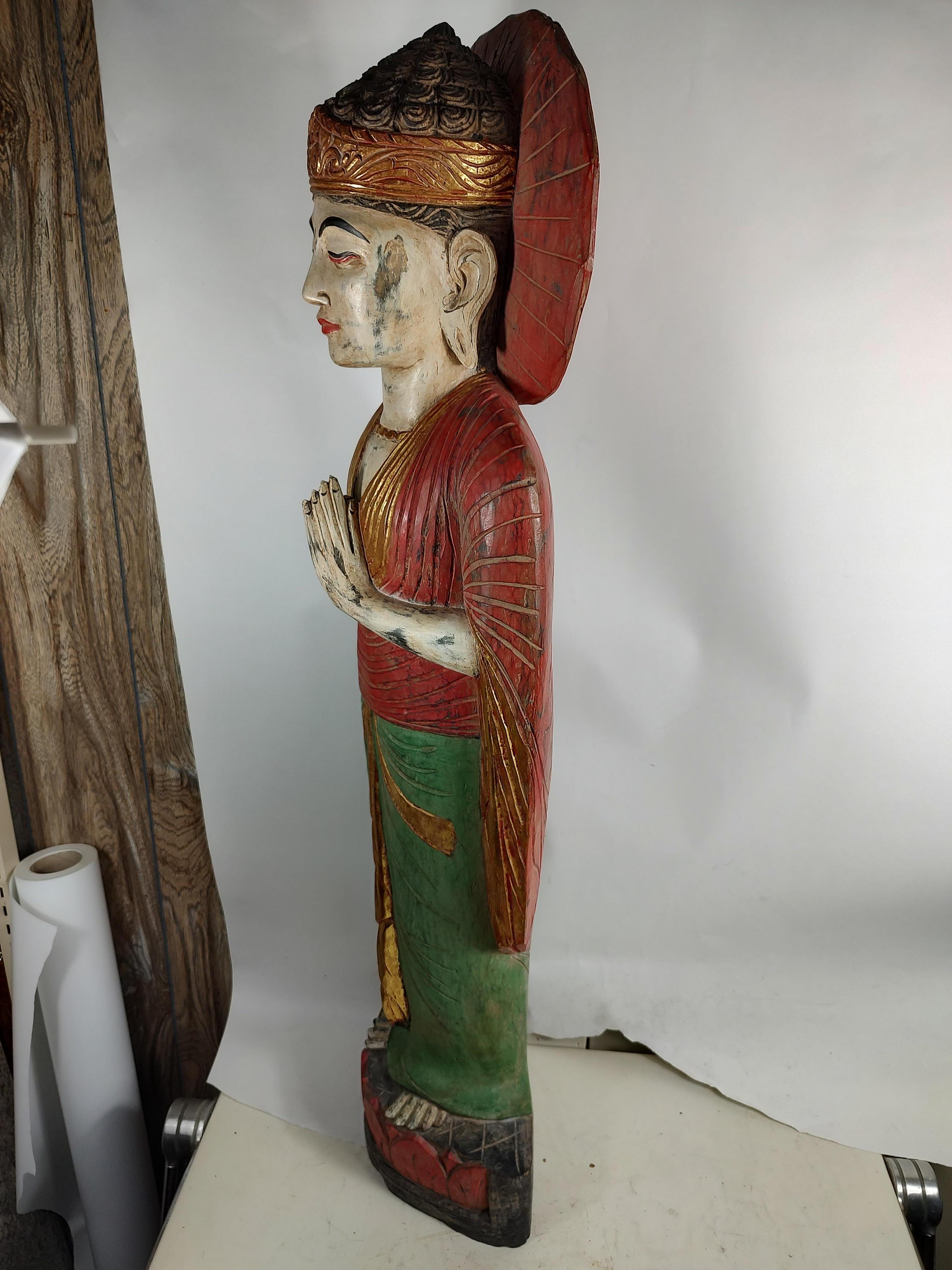 Mid Century Sculptural Hand Carved & Painted Wooden Buddha For Sale 7