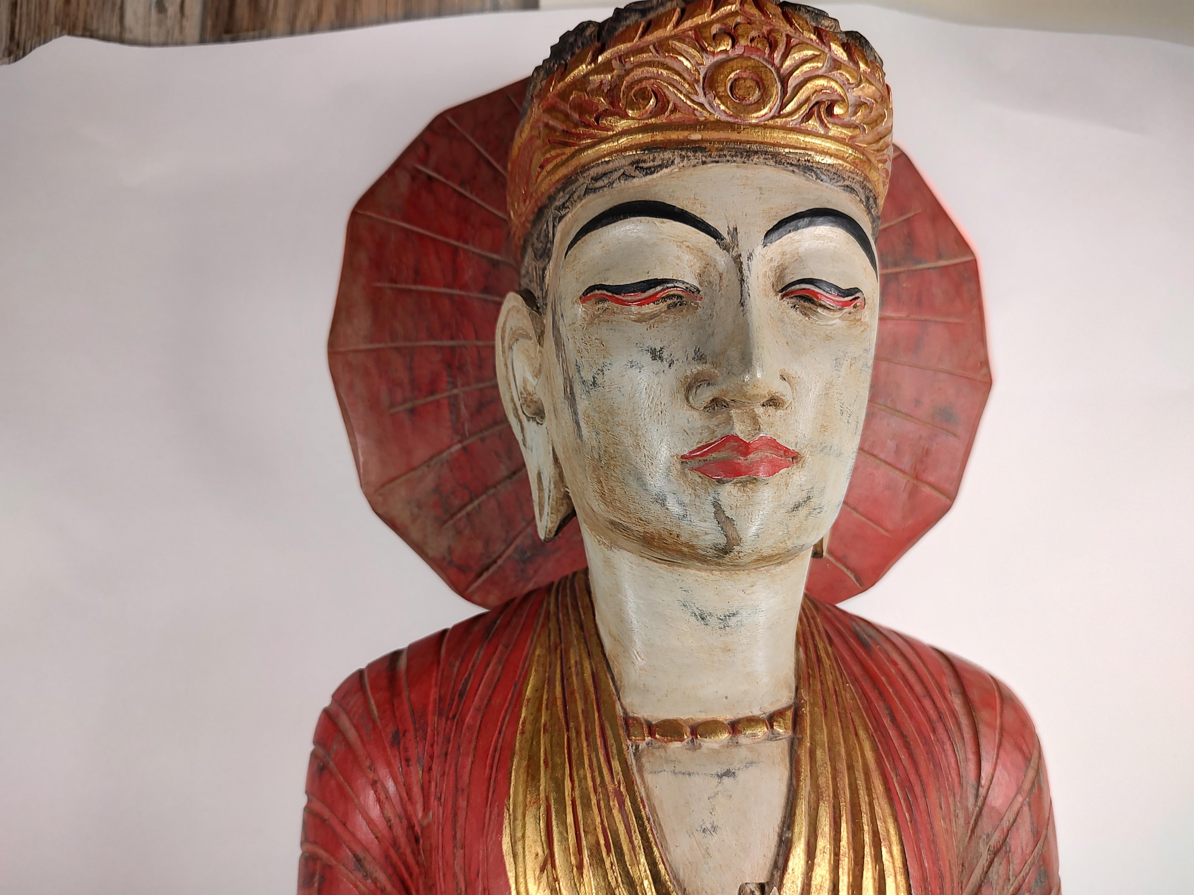 Folk Art Mid Century Sculptural Hand Carved & Painted Wooden Buddha For Sale