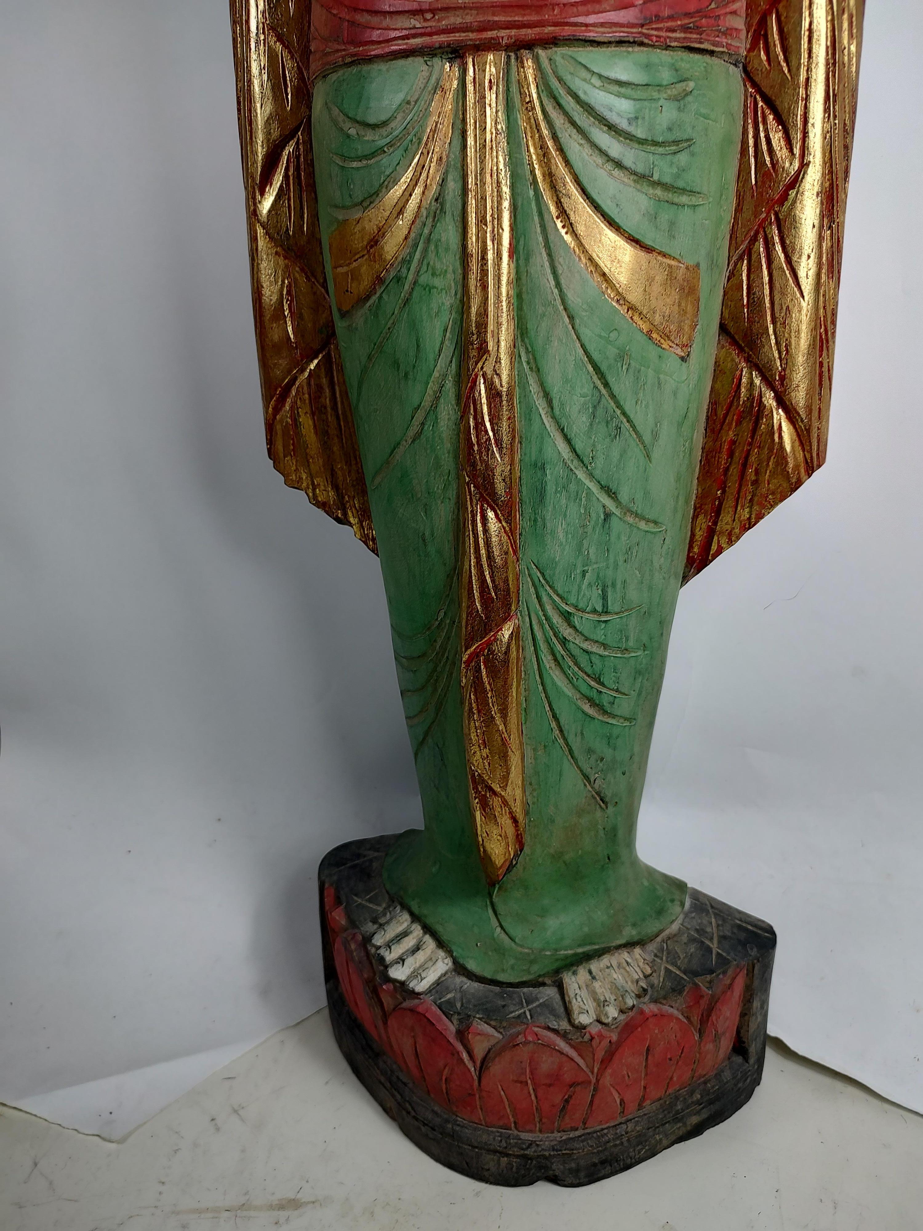 Central Asian Mid Century Sculptural Hand Carved & Painted Wooden Buddha For Sale