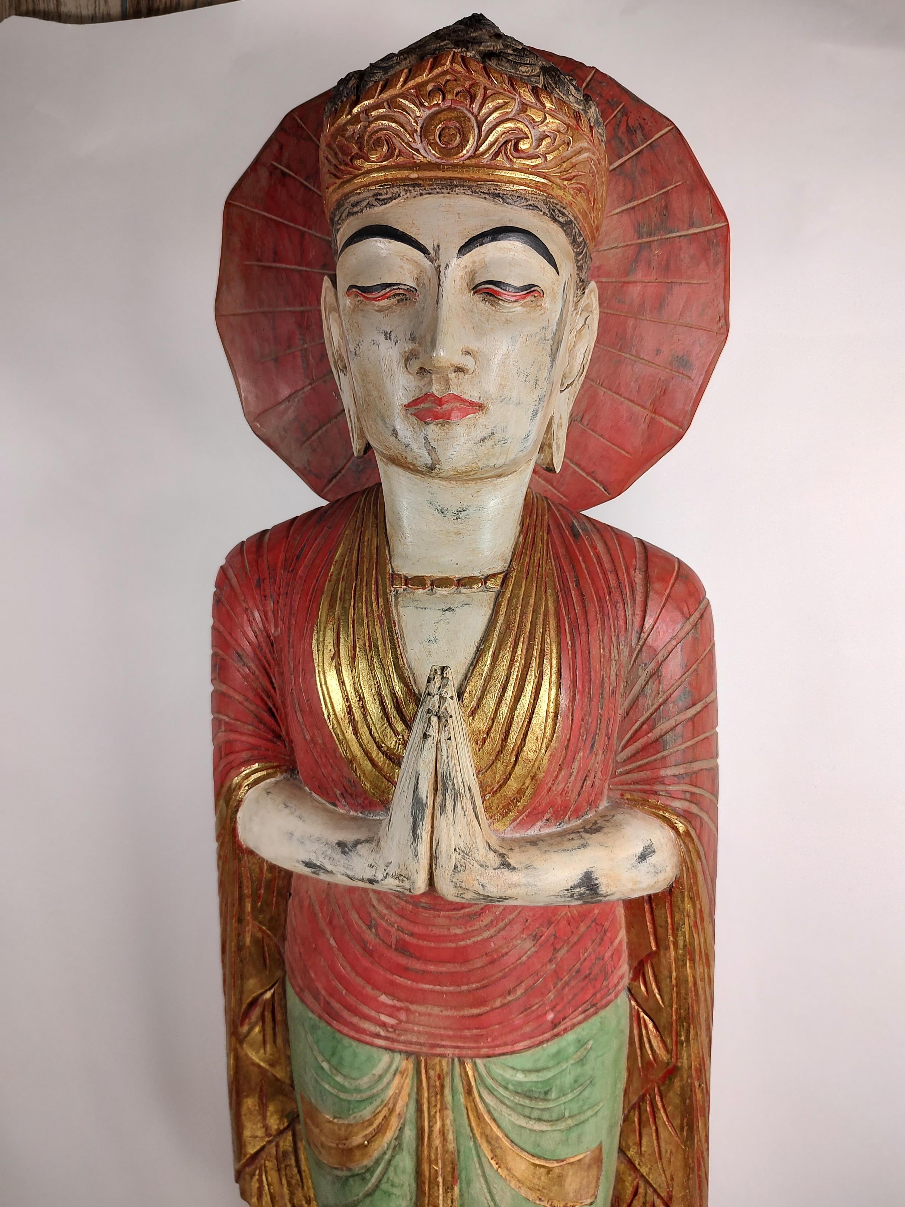Mid Century Sculptural Hand Carved & Painted Wooden Buddha In Good Condition For Sale In Port Jervis, NY
