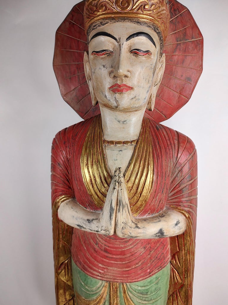 Mid Century Sculptural Hand Carved and Painted Wooden Buddha For Sale