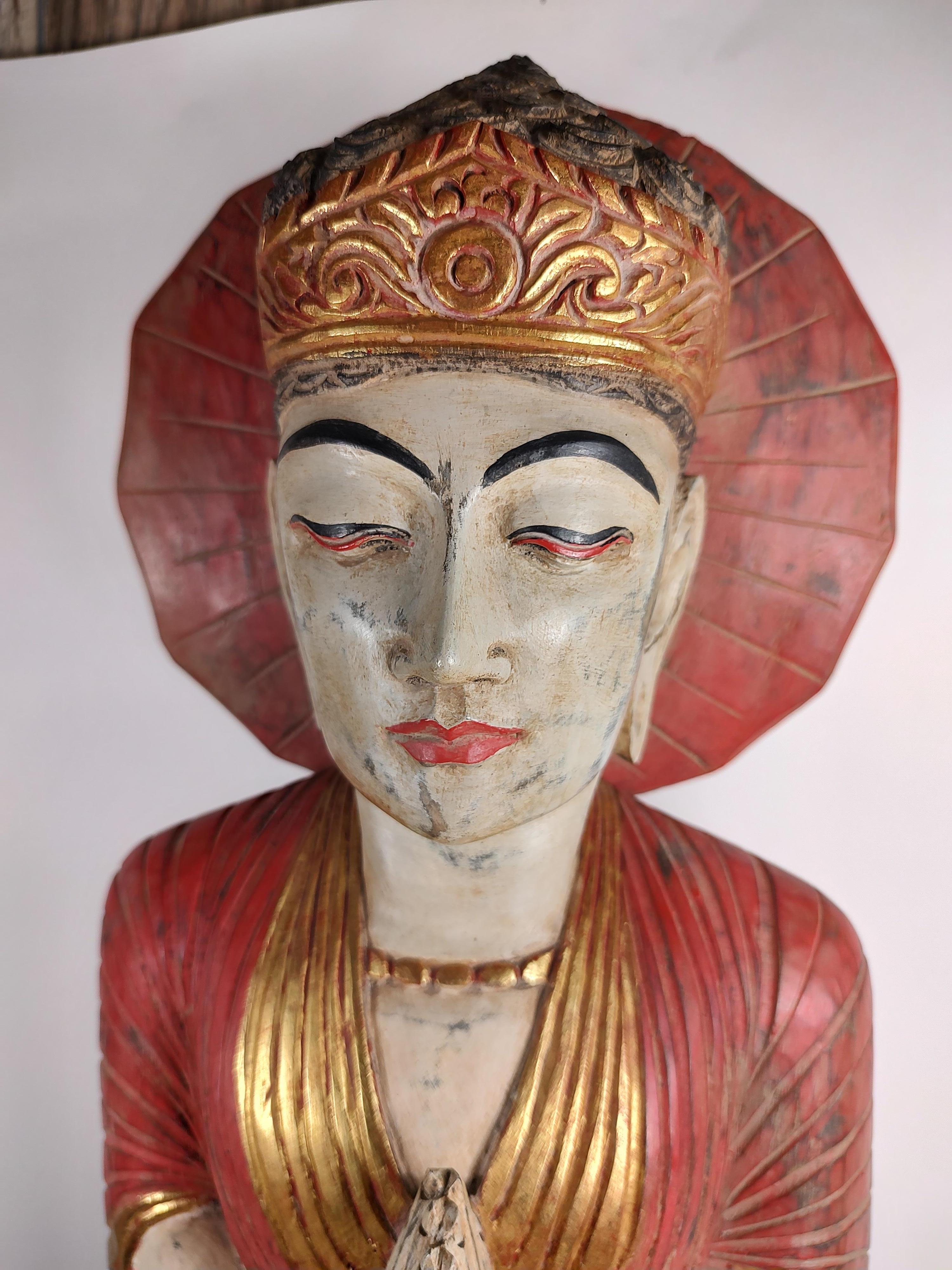 Hardwood Mid Century Sculptural Hand Carved & Painted Wooden Buddha For Sale