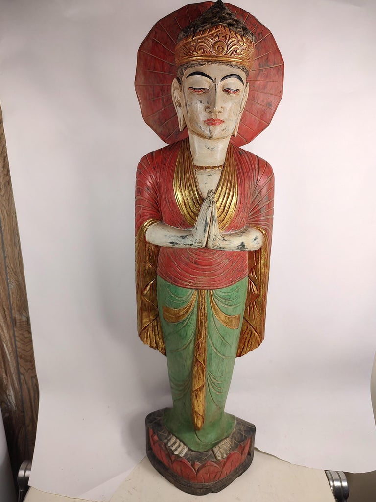 Mid Century Sculptural Hand Carved and Painted Wooden Buddha For Sale