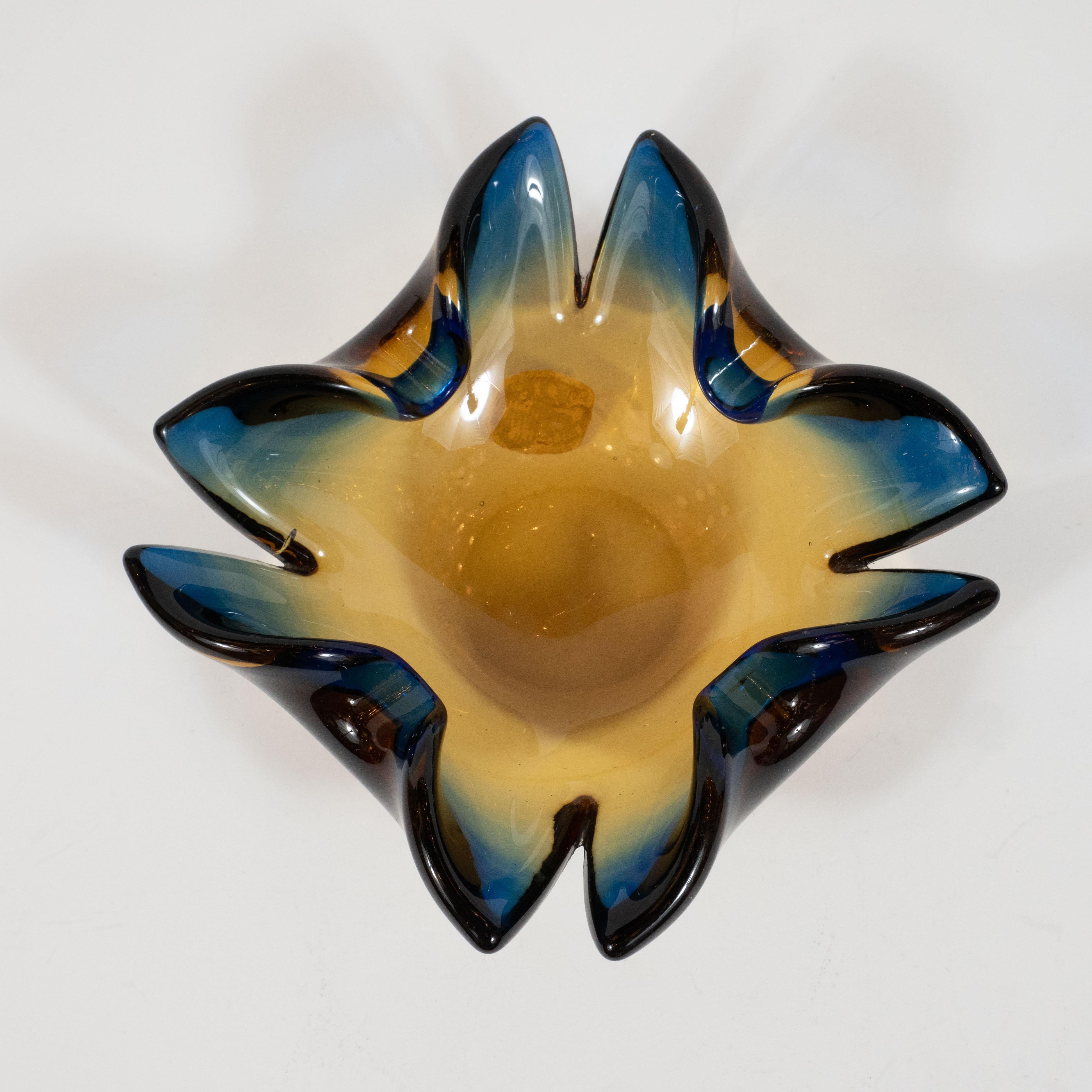 Mid-Century Modern Midcentury Sculptural Hand Blown Murano Bowl in Sapphire and Smoked Citrine