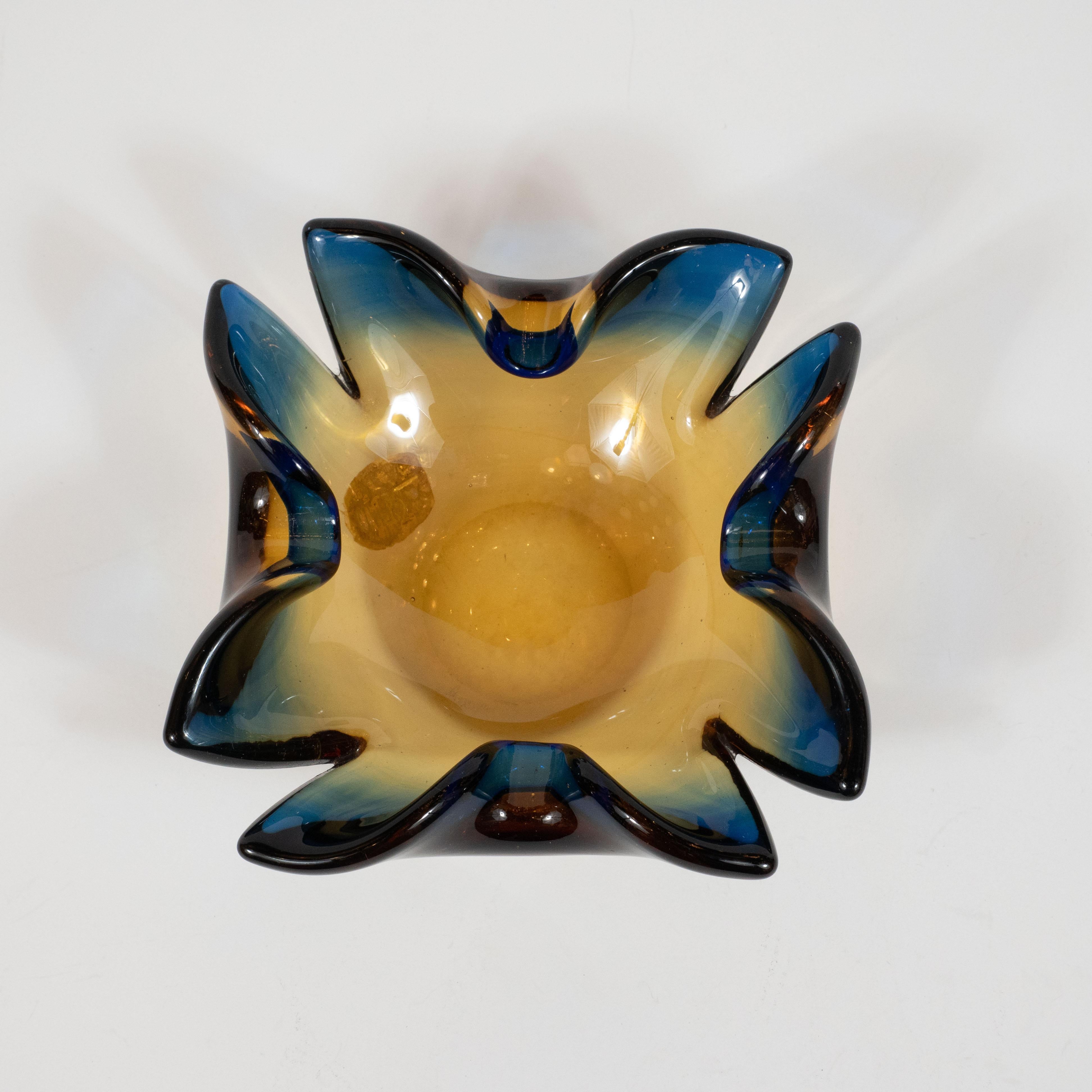 Italian Midcentury Sculptural Hand Blown Murano Bowl in Sapphire and Smoked Citrine