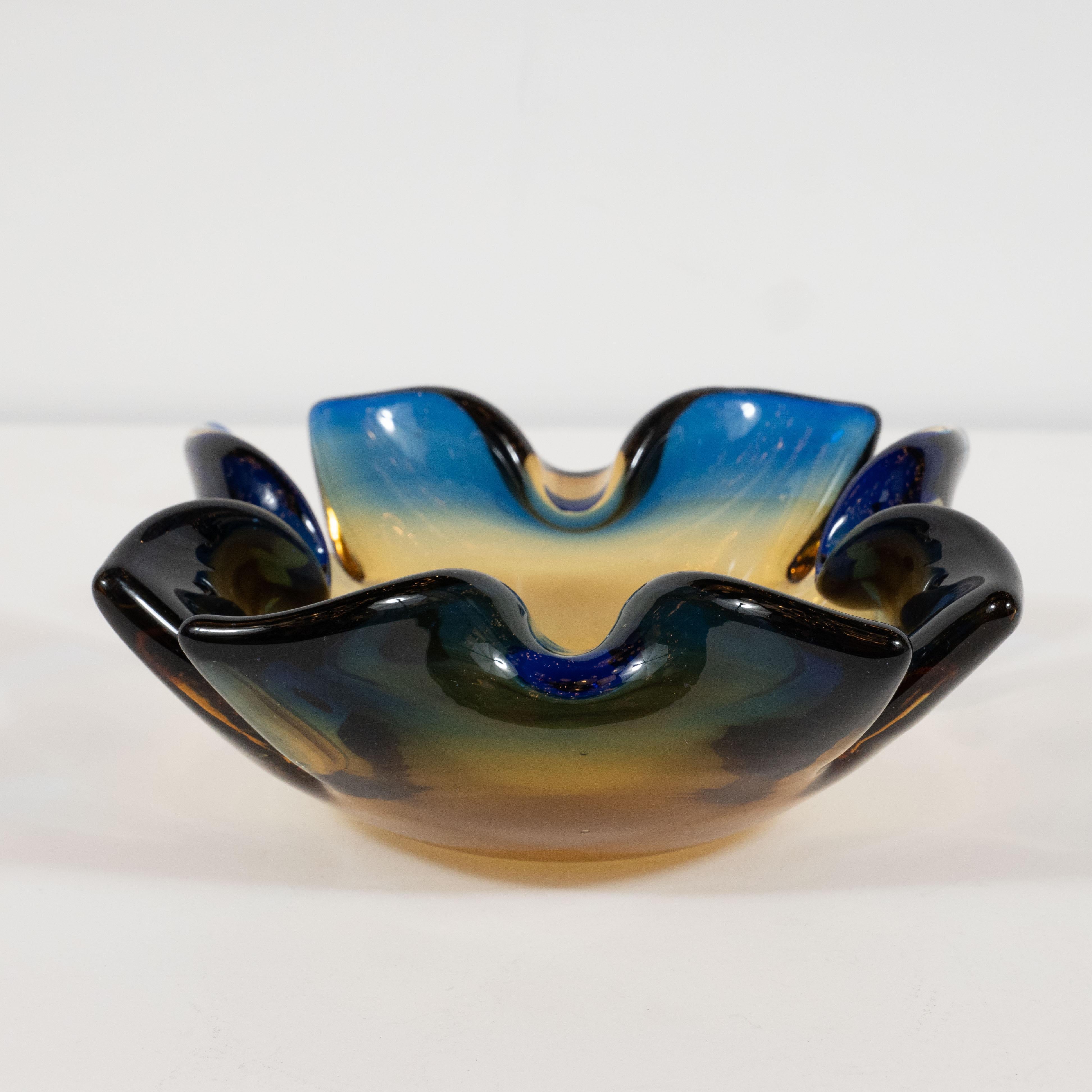 Midcentury Sculptural Hand Blown Murano Bowl in Sapphire and Smoked Citrine In Excellent Condition In New York, NY