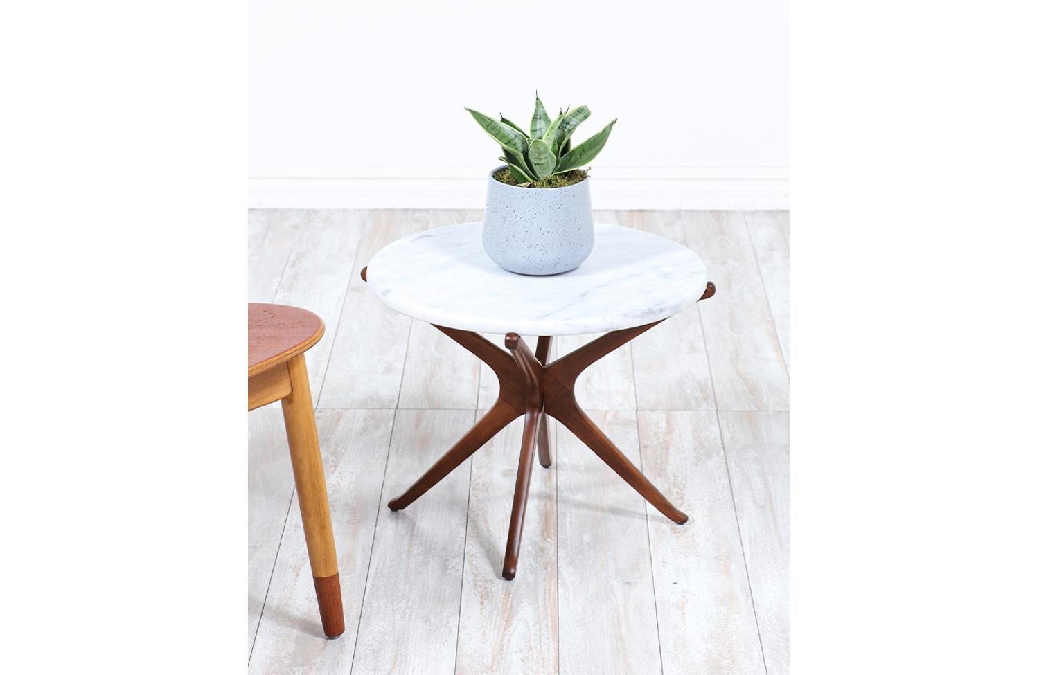 Polished Mid-Century Sculptural Jax Walnut Side Table with Carrara Marble Top