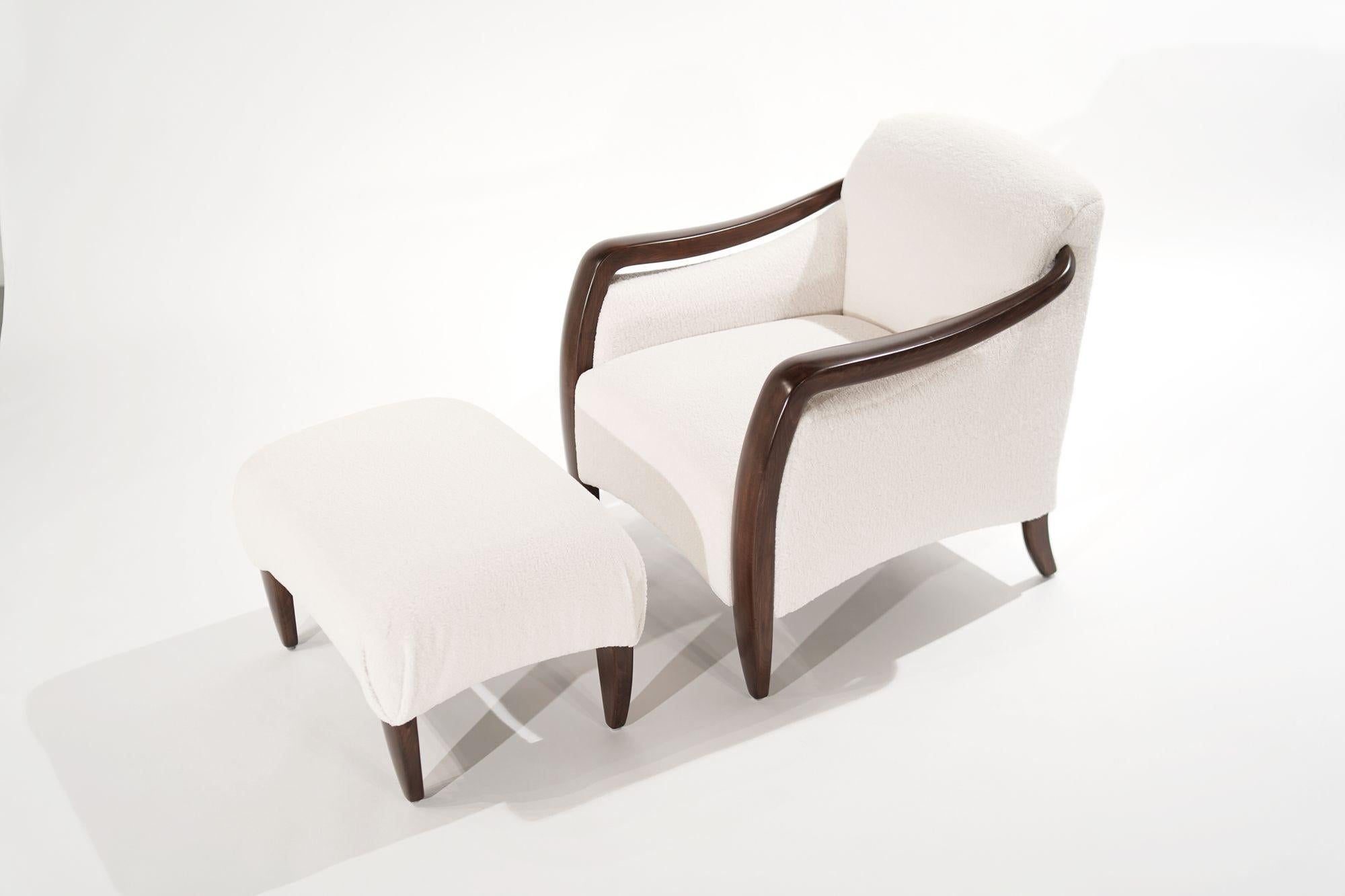 Stylish lounge chair and ottoman, circa 1970-1979. Features swooping framework with exposed walnut arms, reupholstered in off-white Italian boucle.
 
Ottoman Dimensions:
H: 17 in x W: 30 in x D: 20 in
 
Other designers working in the organic