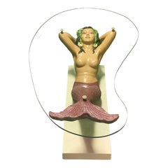 Mid-Century Sculptural Nude Mermaid Cocktail Table w/ Biomorphic Glass Top