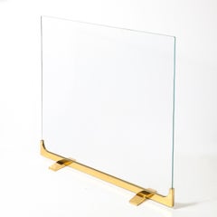 Mid-Century Sculptural Polished Brass & Glass Fireplace Screen