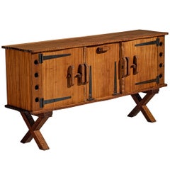 Mid-Century Sculptural Sideboard in Meranti and Wrought Iron