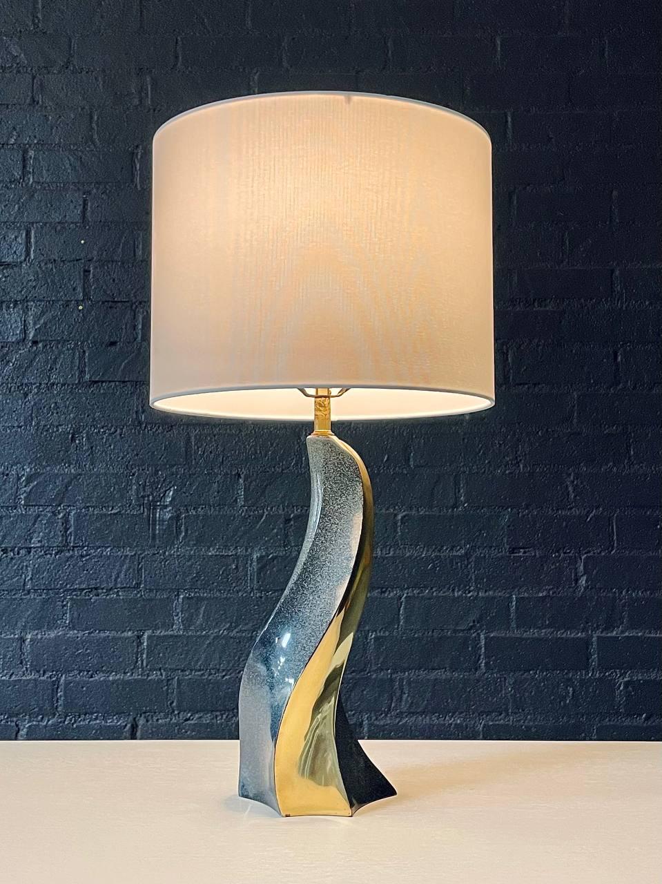 Condition: Original Vintage Condition
Materials: Polished Brass, Brass w/ a Flowing Overlay That Mimics Ceramic or Stone Glaze, New Custom Linen Shade

Dimensions:
25.50”H x 6”W x 4.50”D
Shade:
10