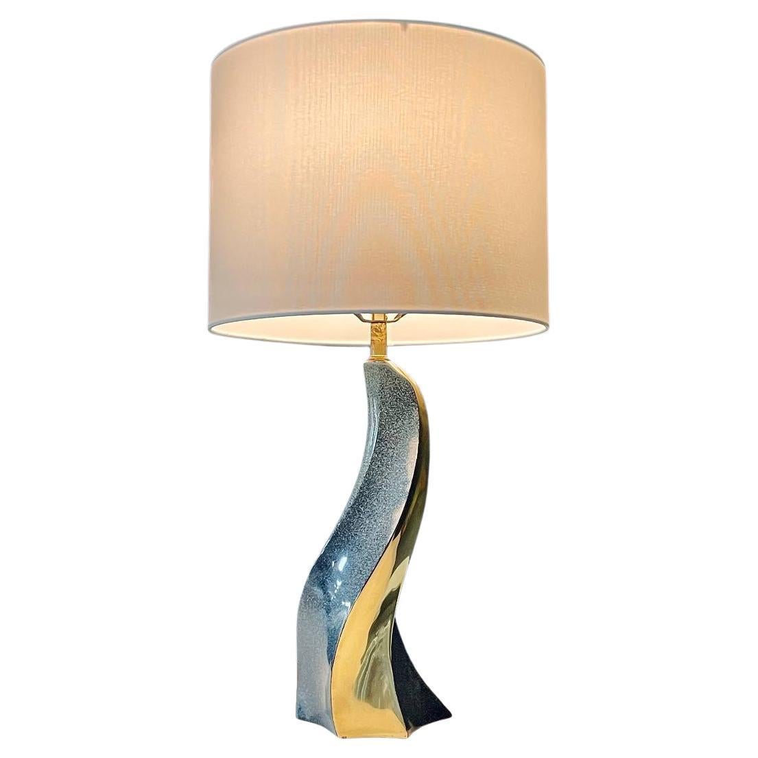 Mid-Century Sculptural Spiral Glazed & Polished Brass Table Lamp For Sale