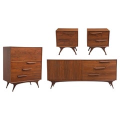 Mid Century Sculptural Walnut Bedroom Set Tall Chest Dresser Two Nightstands