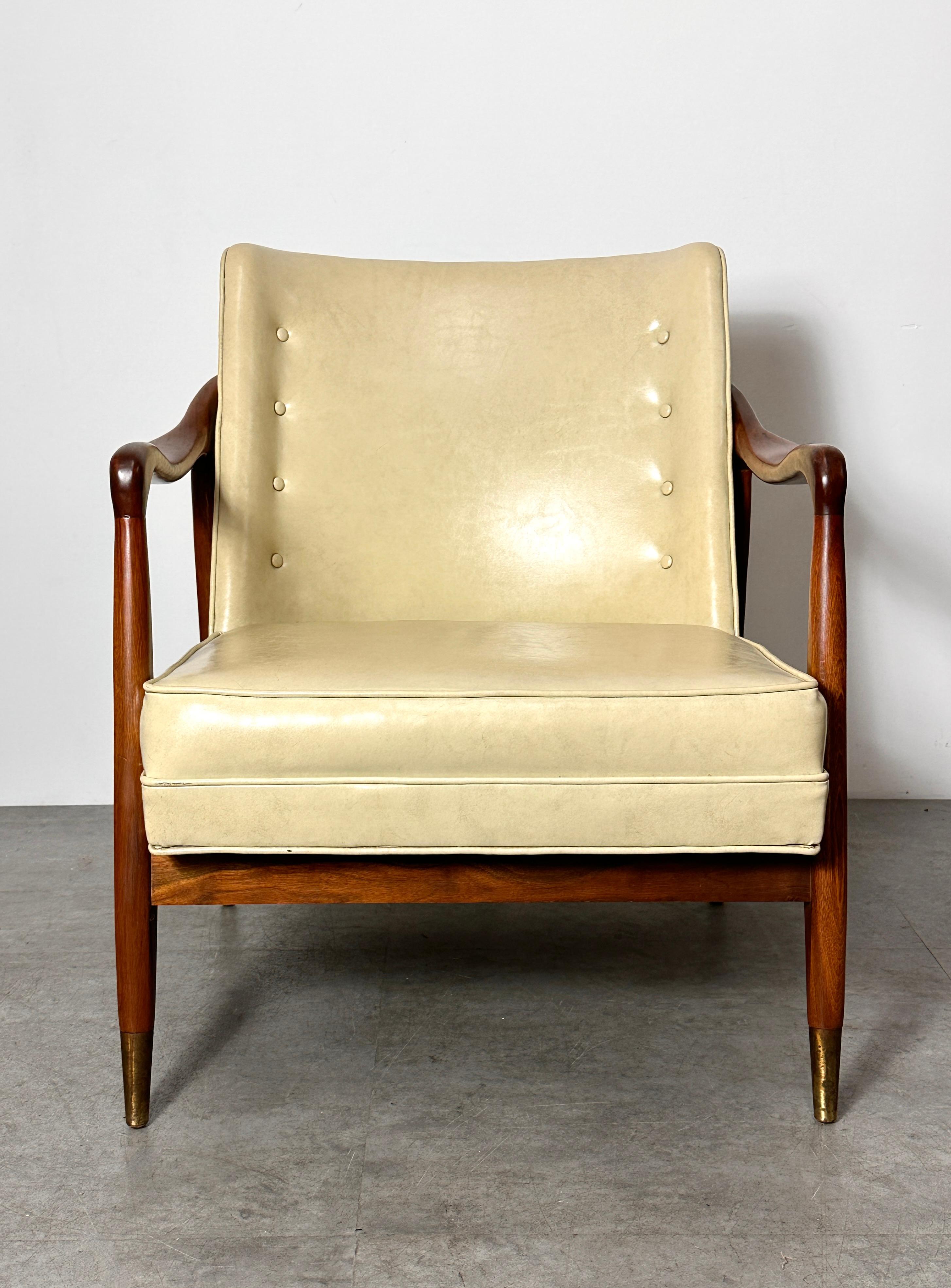 Mid-Century Modern Mid Century Sculptural Walnut Brass Lounge Chair Gio Ponti Style 1950s For Sale