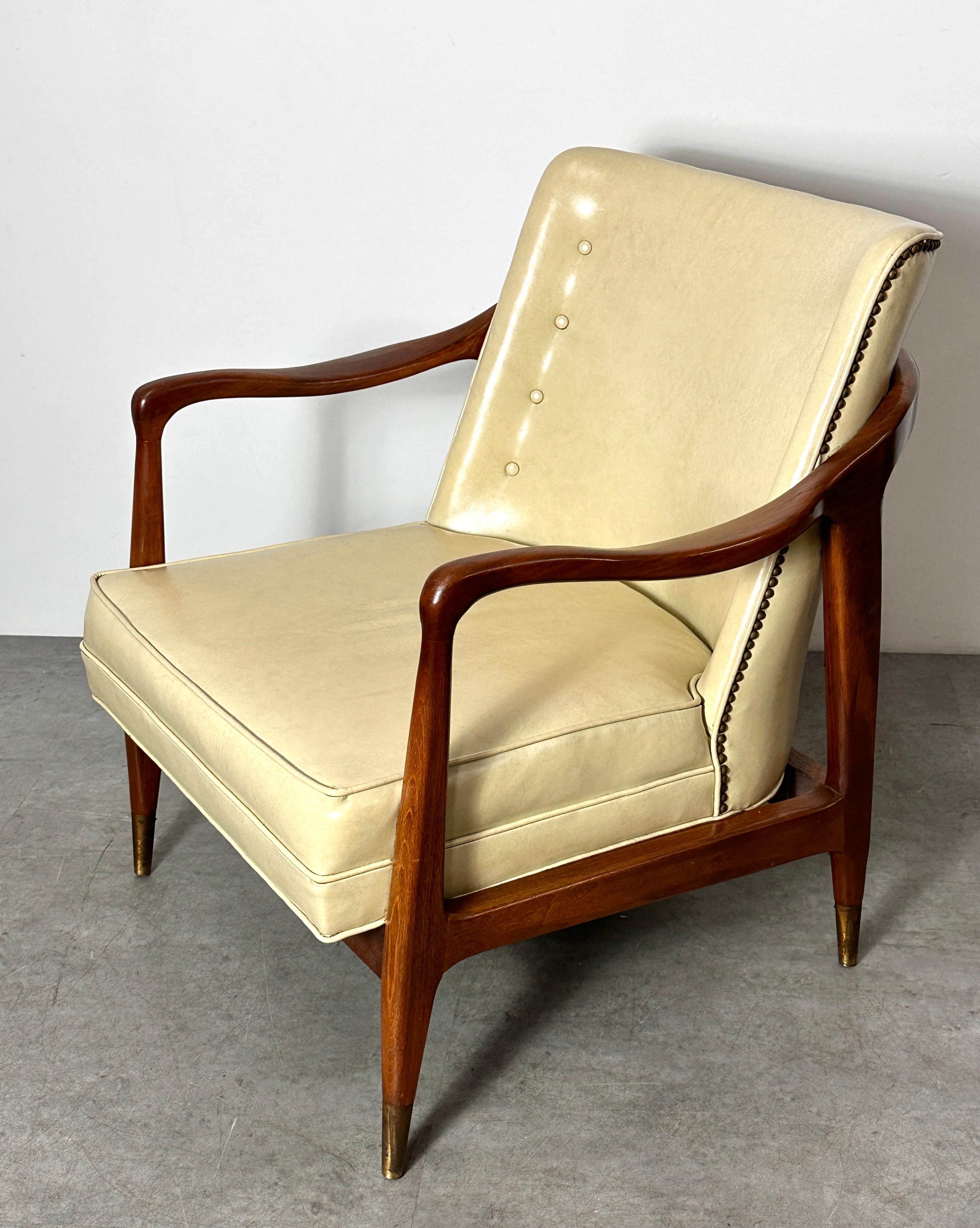 Mid Century Sculptural Walnut Brass Lounge Chair Gio Ponti Style 1950s For Sale 1