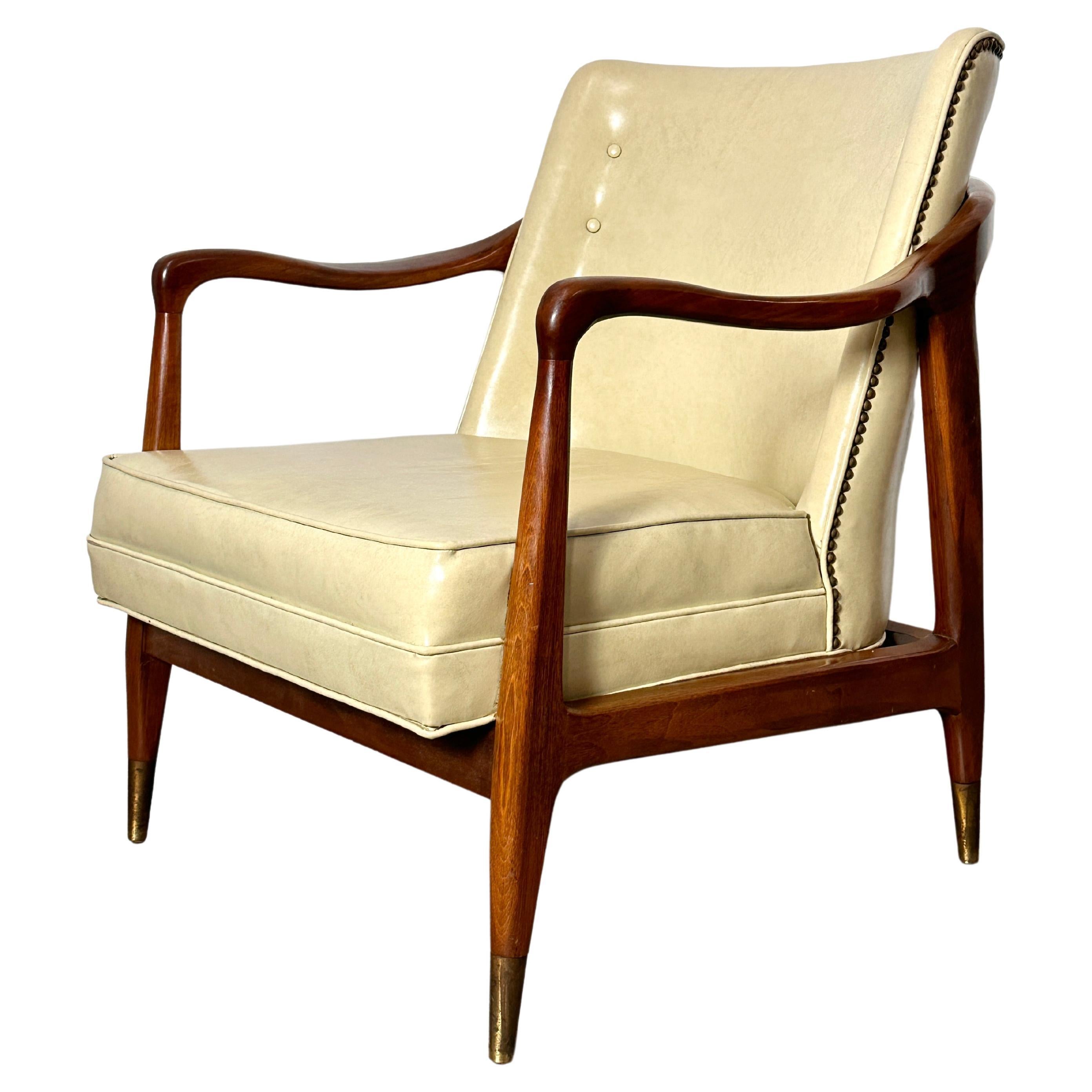 Mid Century Sculptural Walnut Brass Lounge Chair Gio Ponti Style 1950s For Sale